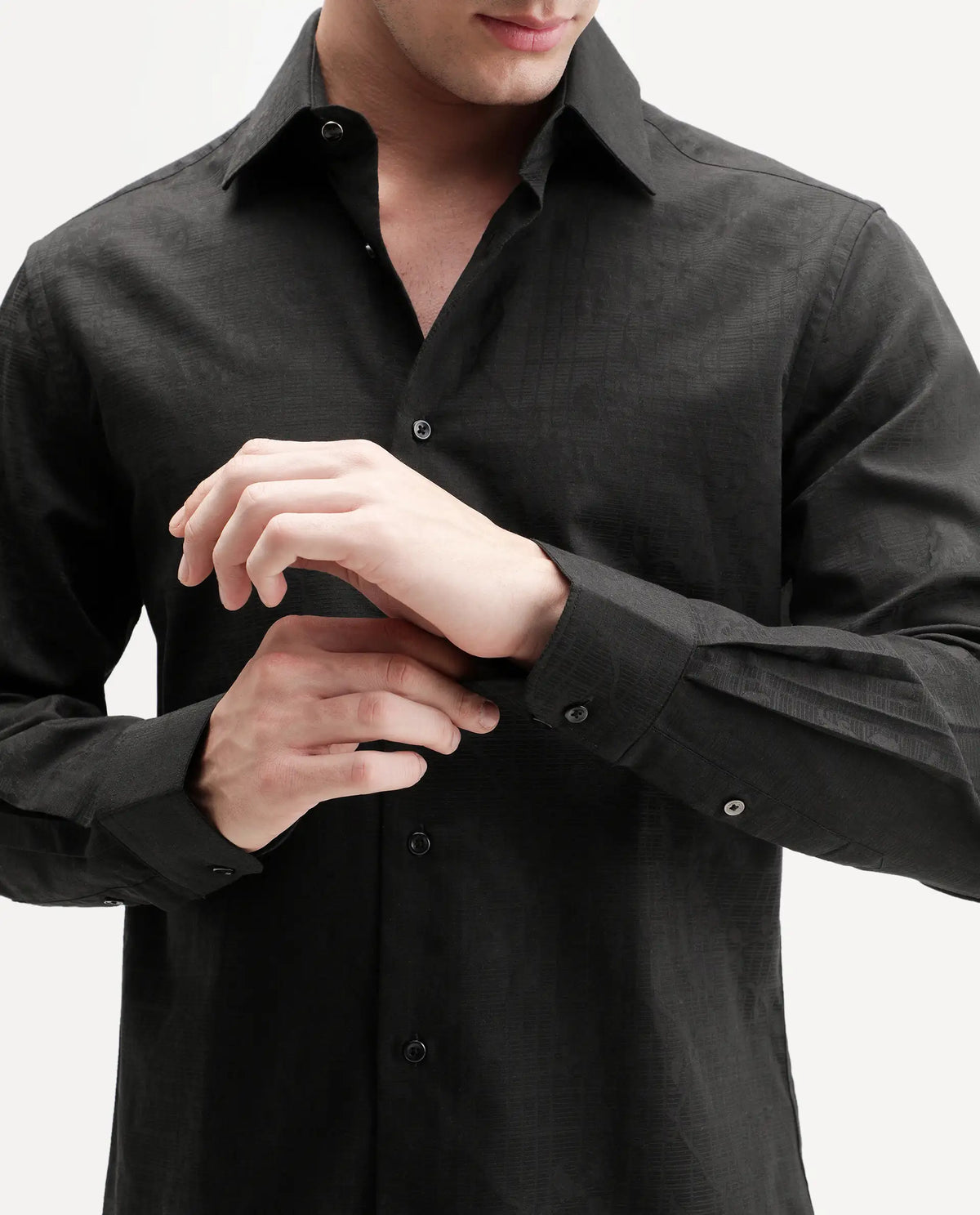 Rare Rabbit Men's Clover Black Cotton Button Regular Fit Jacquard Shirt