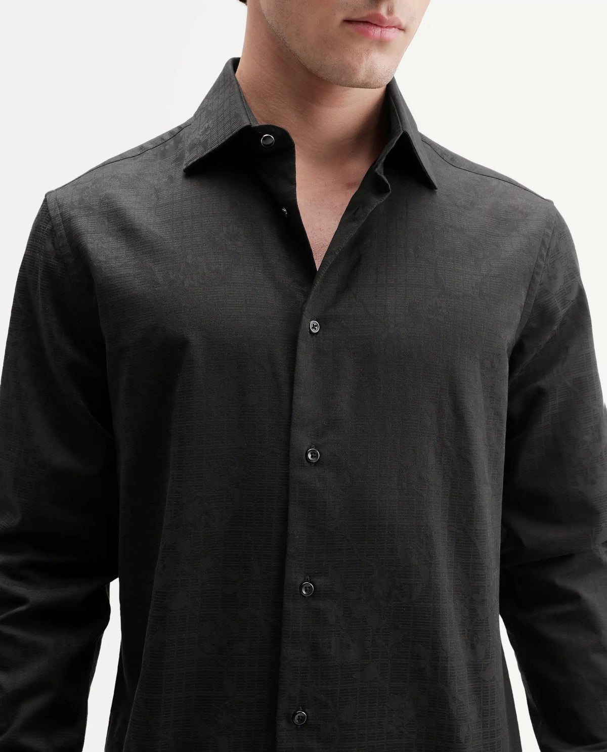 Rare Rabbit Men's Clover Black Cotton Button Regular Fit Jacquard Shirt