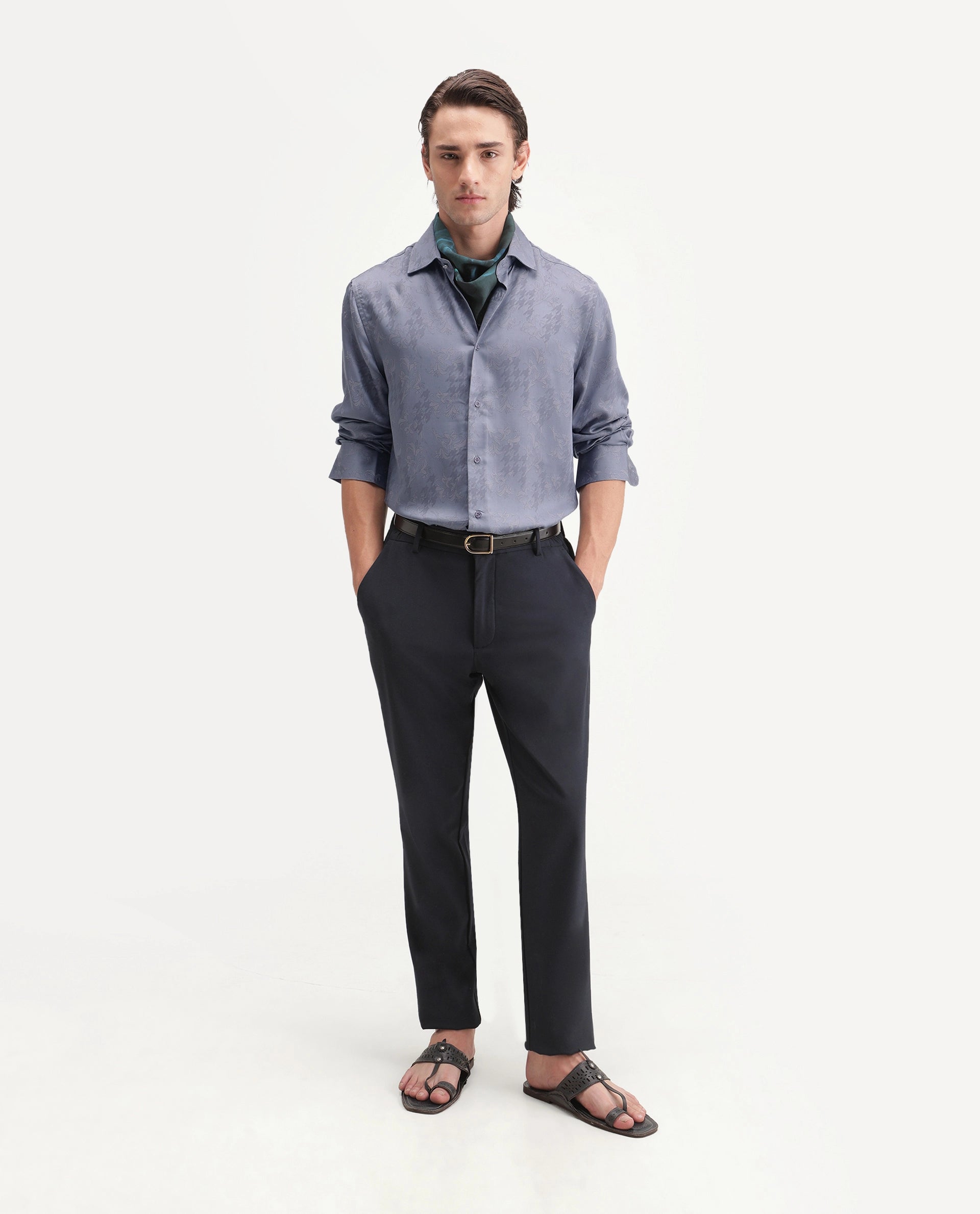 Rare Rabbit Men's Ember Dusky Purple Tencel Button Regular Fit Jacquard Shirt