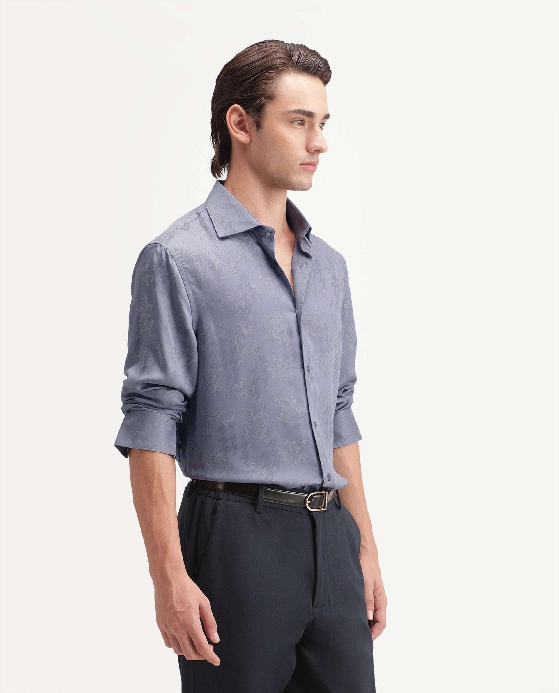 Rare Rabbit Men's Ember Dusky Purple Tencel Button Regular Fit Jacquard Shirt