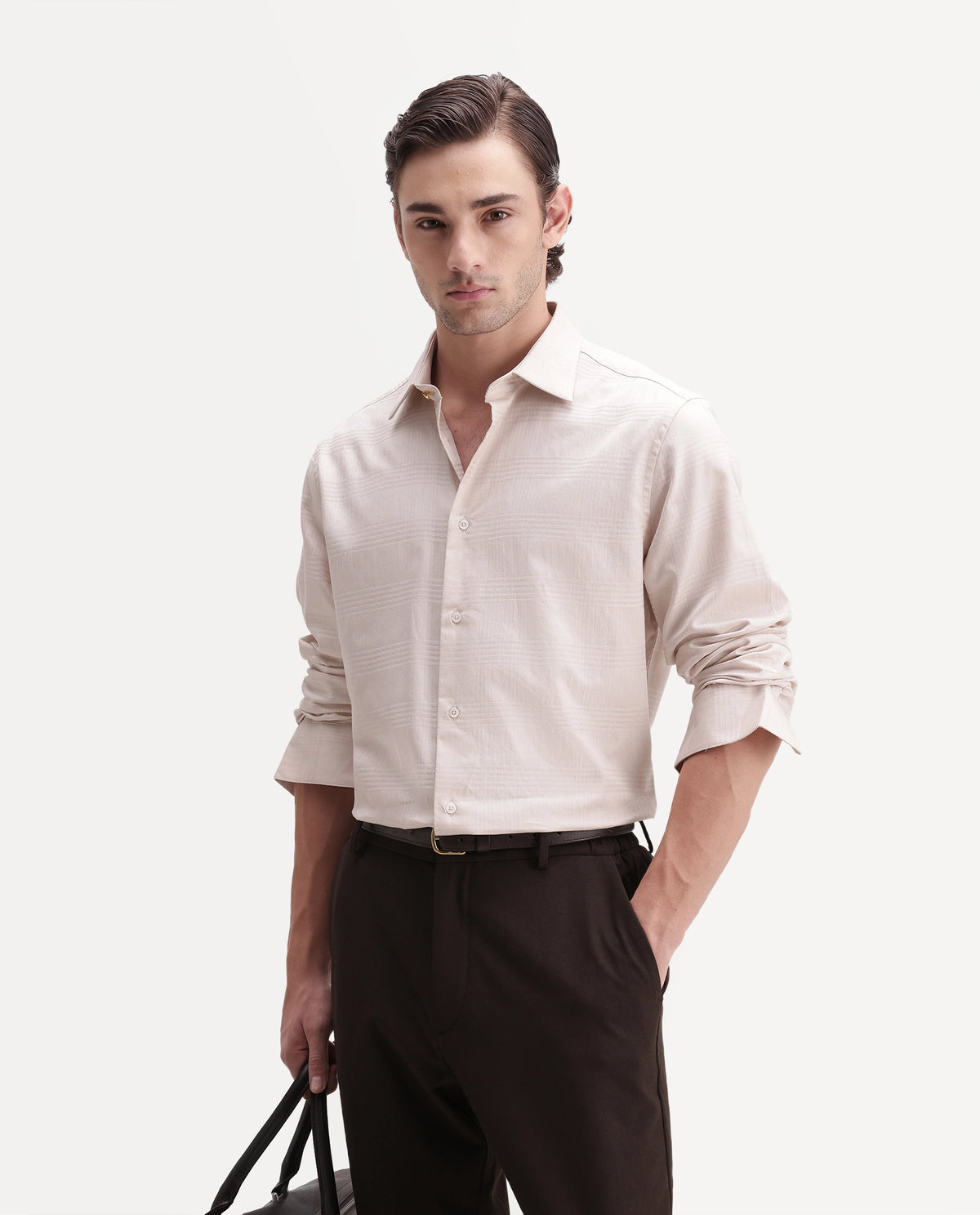 Rare Rabbit Men's Briar Light Beige Cotton Button Regular Fit Checked Shirt