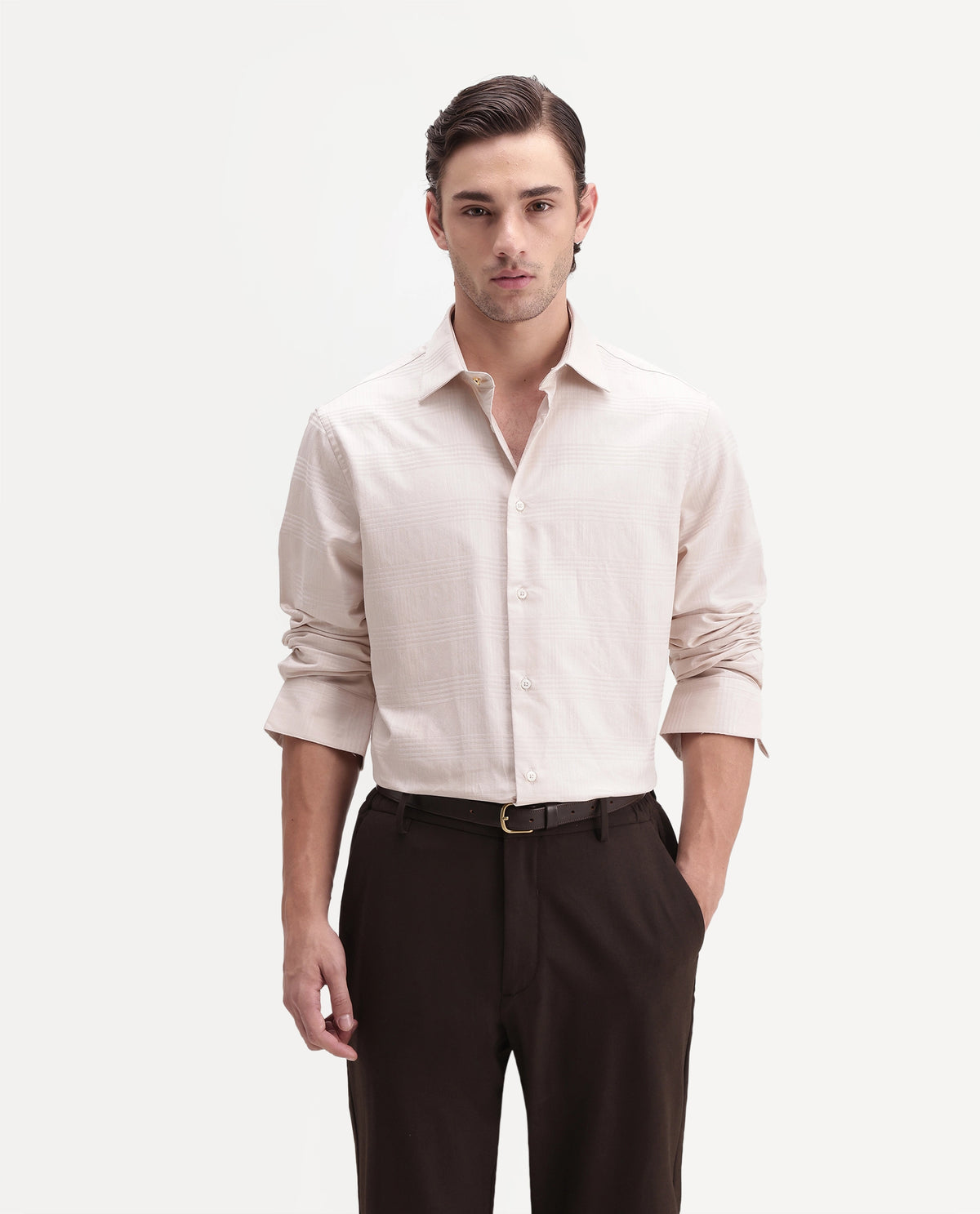 Rare Rabbit Men's Briar Light Beige Cotton Button Regular Fit Checked Shirt
