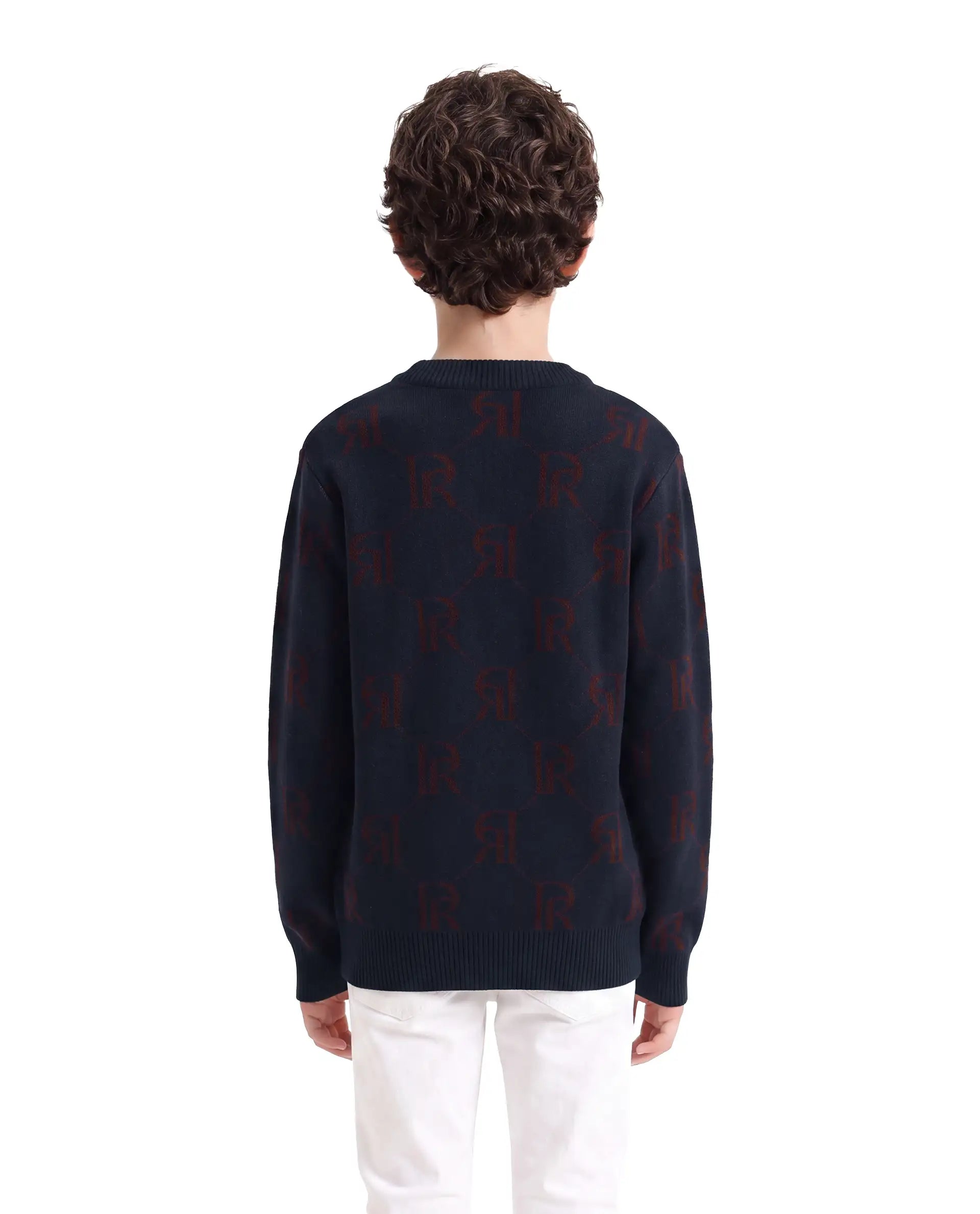 Rare Ones Kids Poston Navy Acrylic Fabric Pull-On Closure Regular Fit Monogram Print Sweater