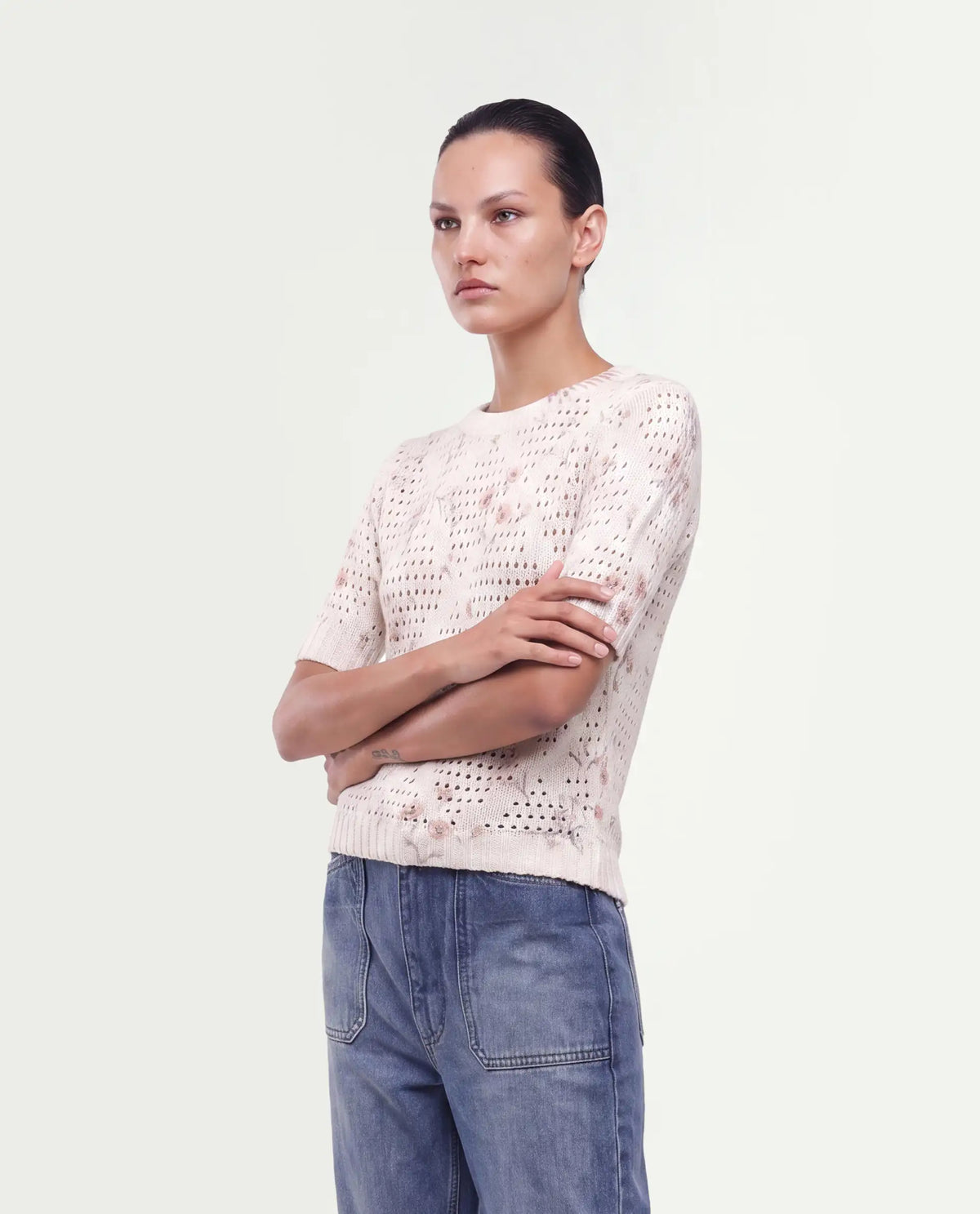 Rareism Women's Leffo Off White Acrylic Pull-On Relaxed Fit Floral Print Sweater