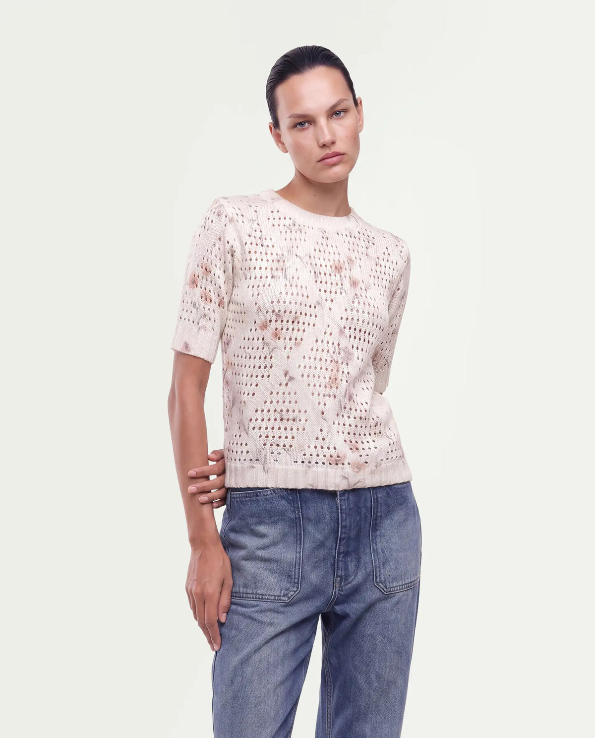 Rareism Women's Leffo Off White Acrylic Pull-On Relaxed Fit Floral Print Sweater