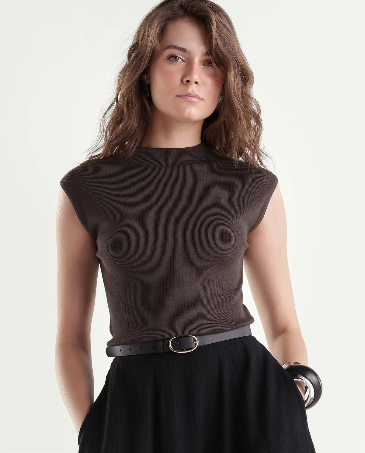 Rareism Women's Livon Dark Brown Viscose Blend Pull-On Regular Fit Plain Top