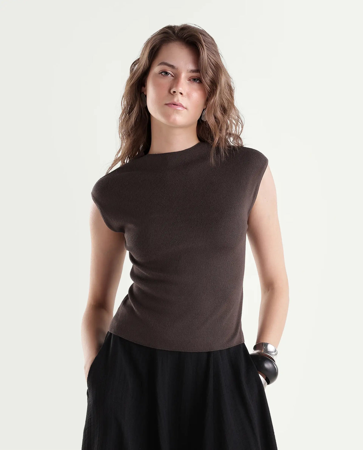 Rareism Women's Livon Dark Brown Viscose Blend Pull-On Regular Fit Plain Top