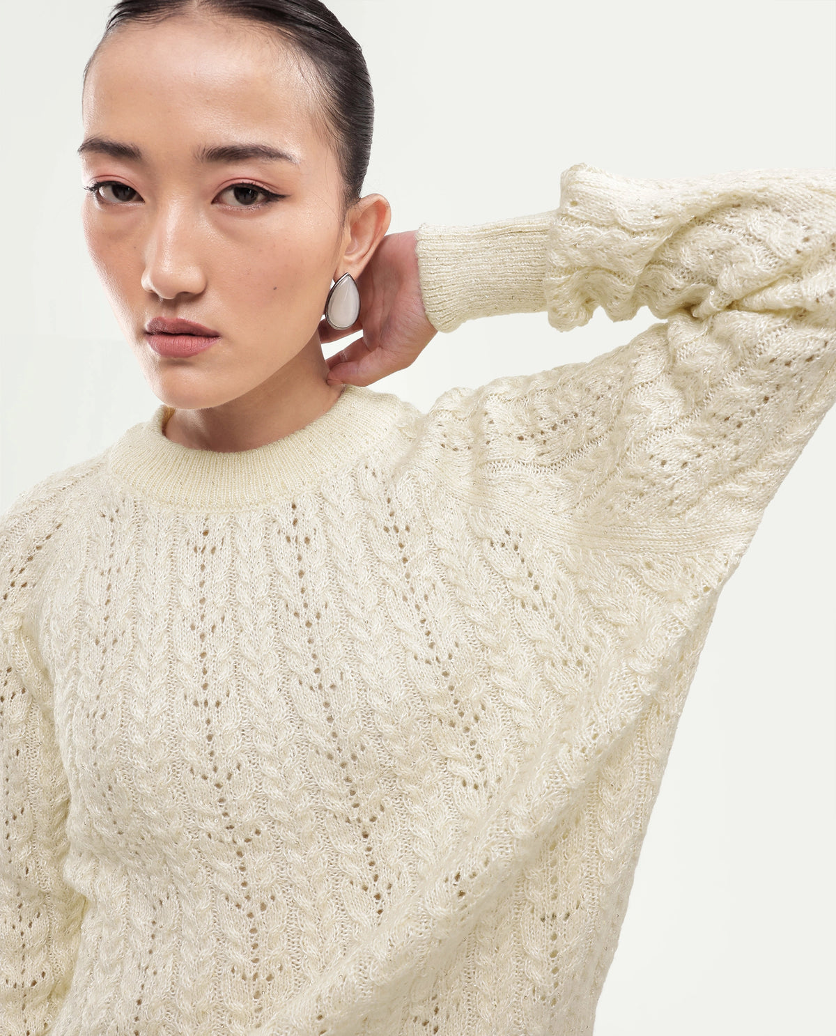 Rareism Women's Leseq Off White Polyester Blend Pull-On Relaxed Fit Plain Sweater