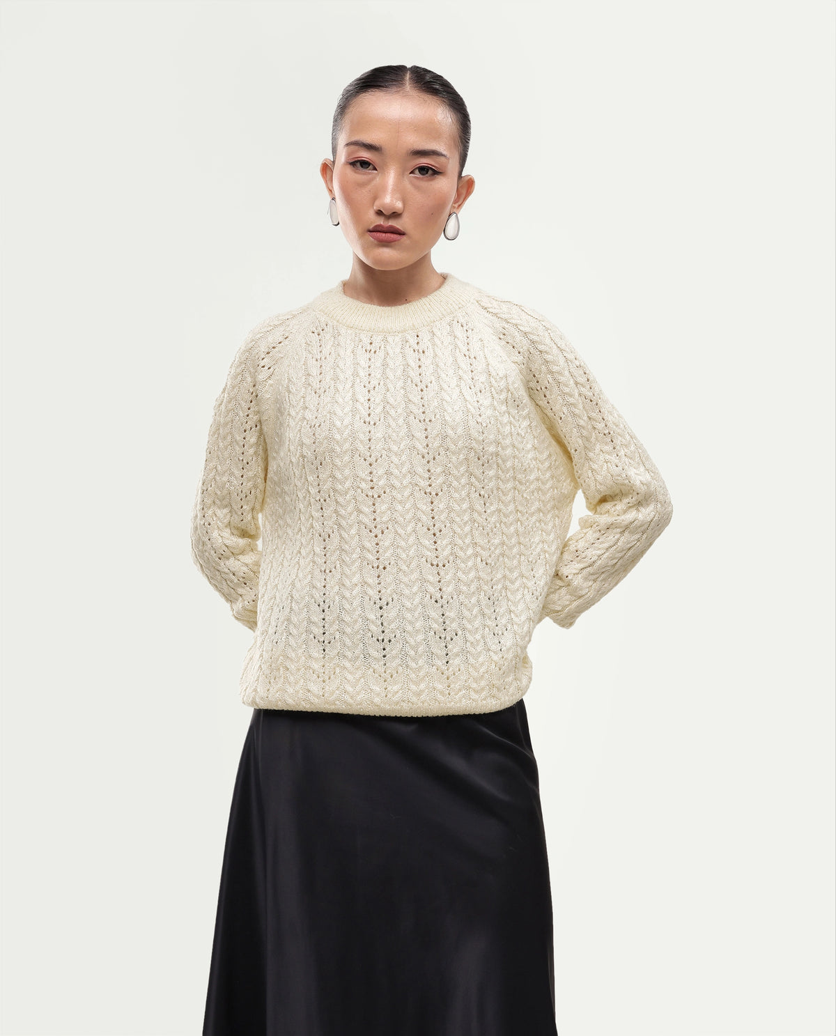 Rareism Women's Leseq Off White Polyester Blend Pull-On Relaxed Fit Plain Sweater