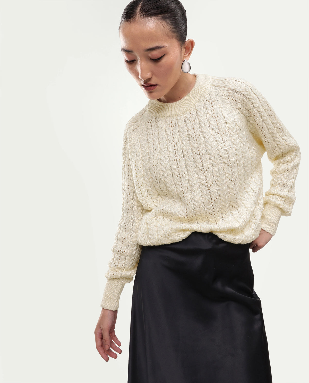 Rareism Women's Leseq Off White Polyester Blend Pull-On Relaxed Fit Plain Sweater