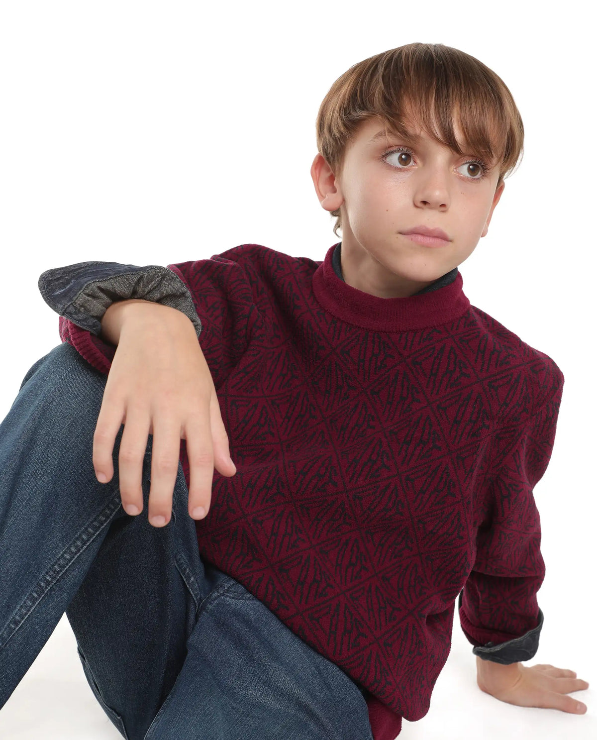 Rare Ones Kids Diego-K Maroon Polyester Fabric Pull-On Closure Regular Fit Jacquard Sweater