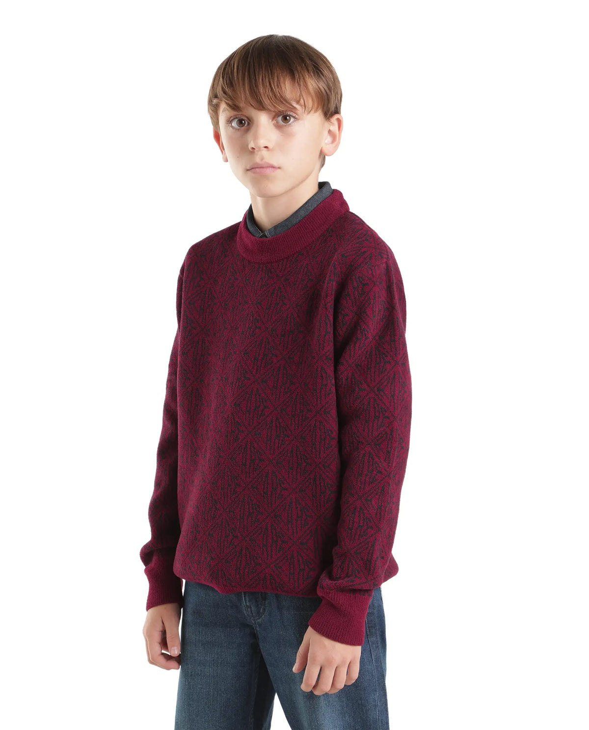 Rare Ones Kids Diego-K Maroon Polyester Fabric Pull-On Closure Regular Fit Jacquard Sweater