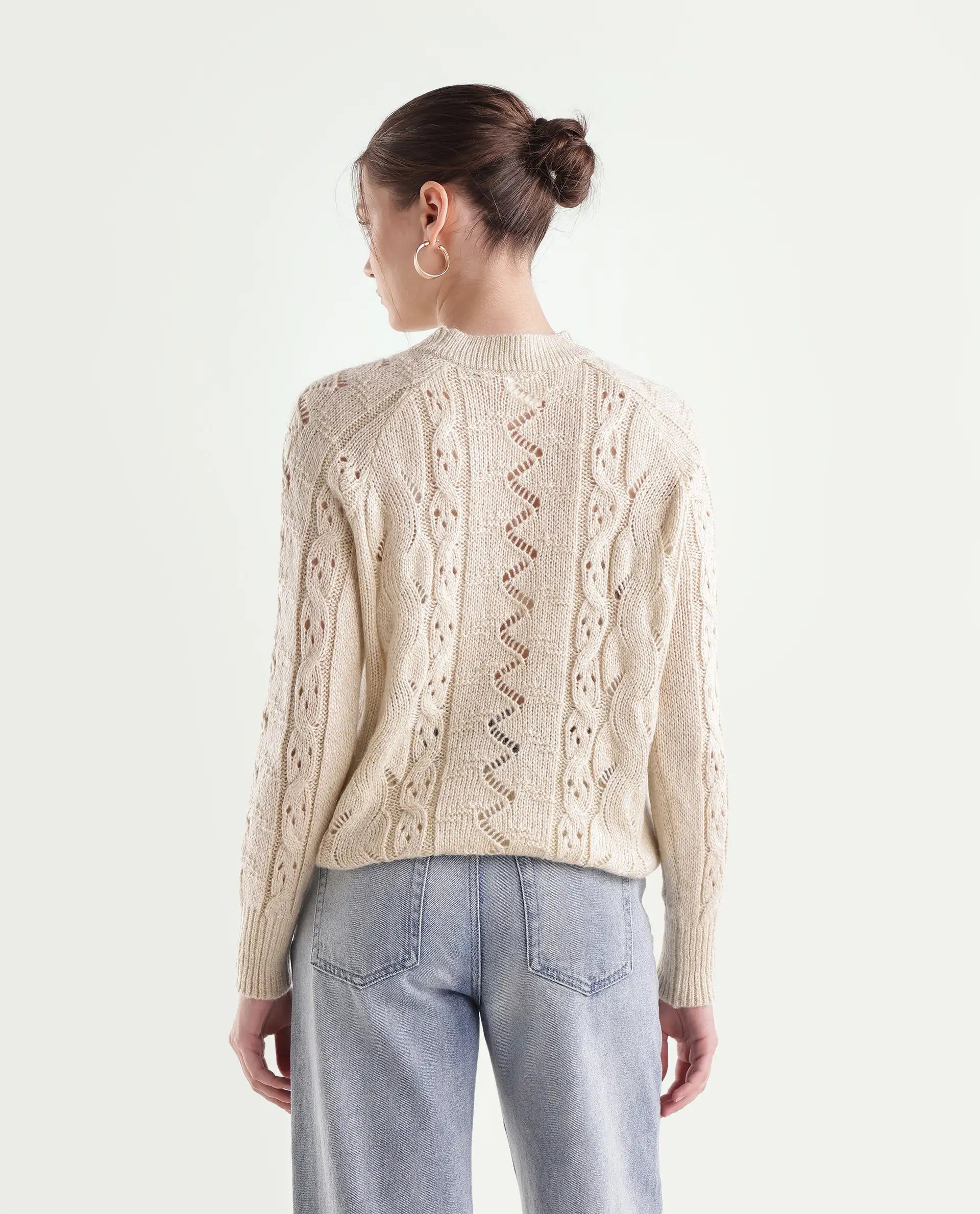 Rareism Women's Lonu Off White Acrylic Blend Pull-On Relaxed Fit Plain Sweater