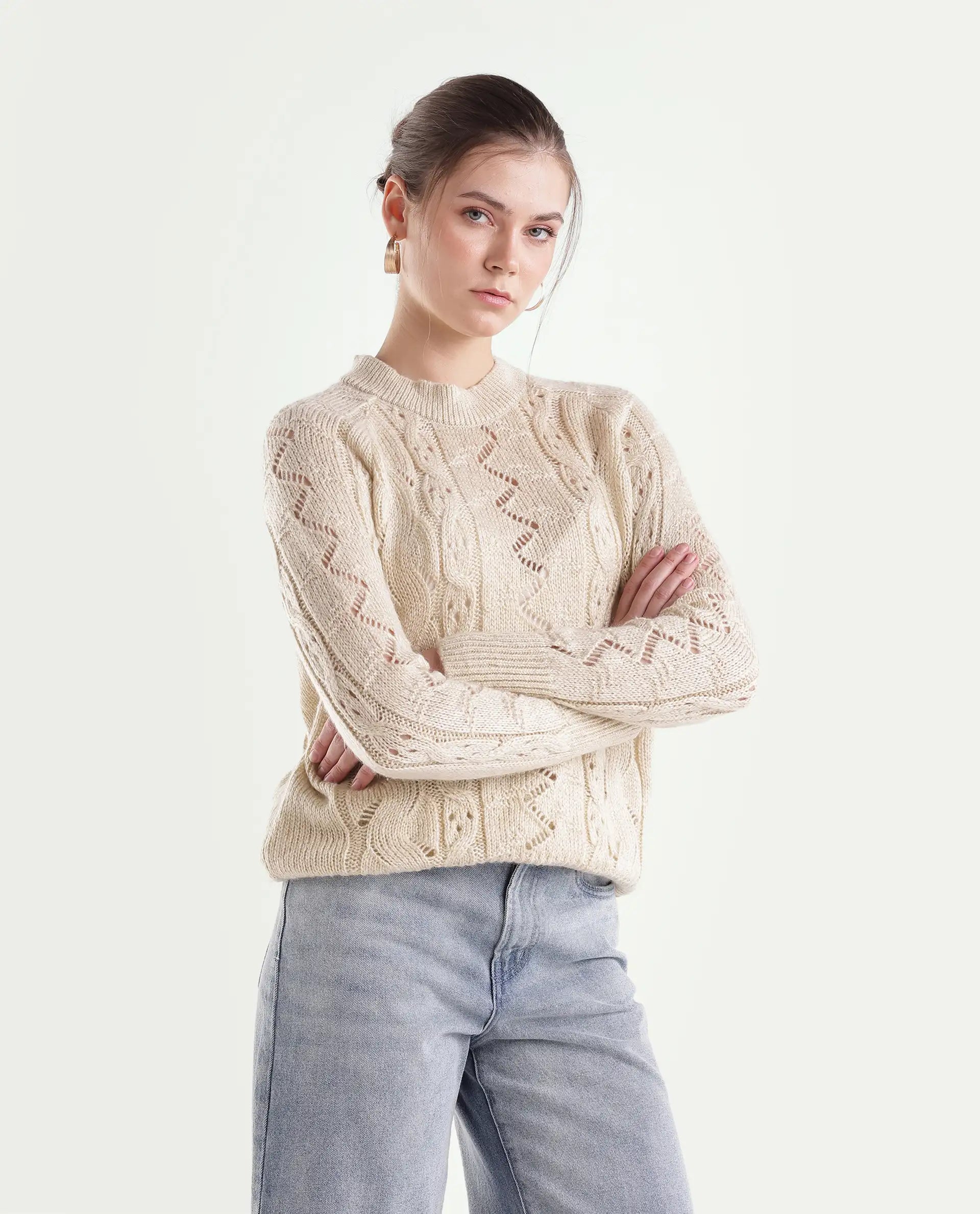 Rareism Women's Lonu Off White Acrylic Blend Pull-On Relaxed Fit Plain Sweater
