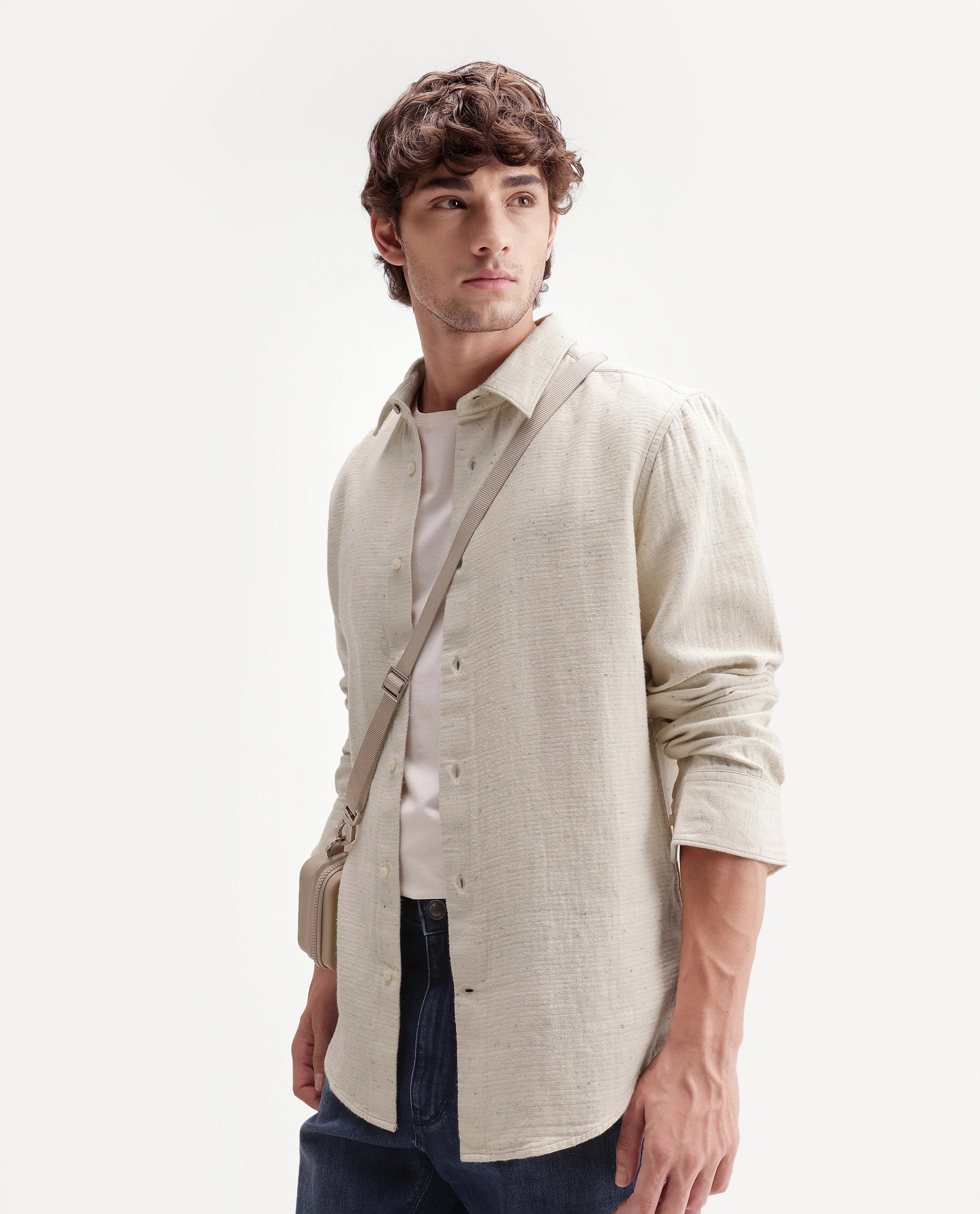 Rare Rabbit Men's Cira Primary Beige Cotton Blend Spread Collar Regular Plain Shirt