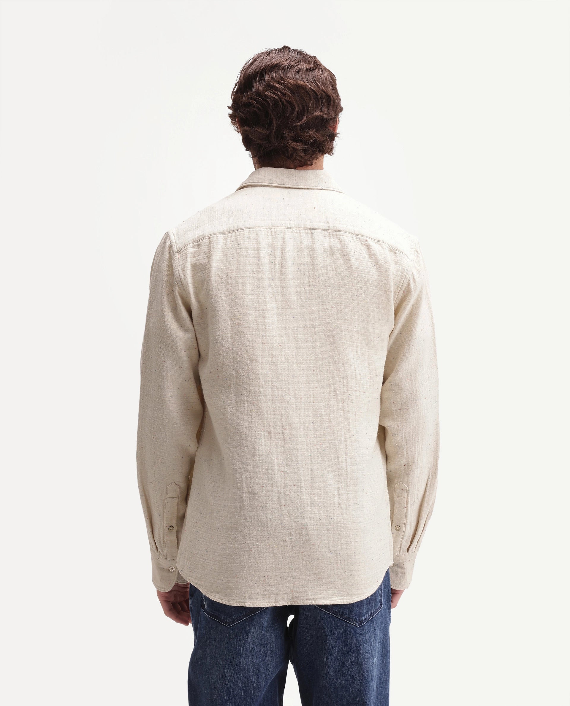 Rare Rabbit Men's Cira Primary Beige Cotton Blend Spread Collar Regular Plain Shirt