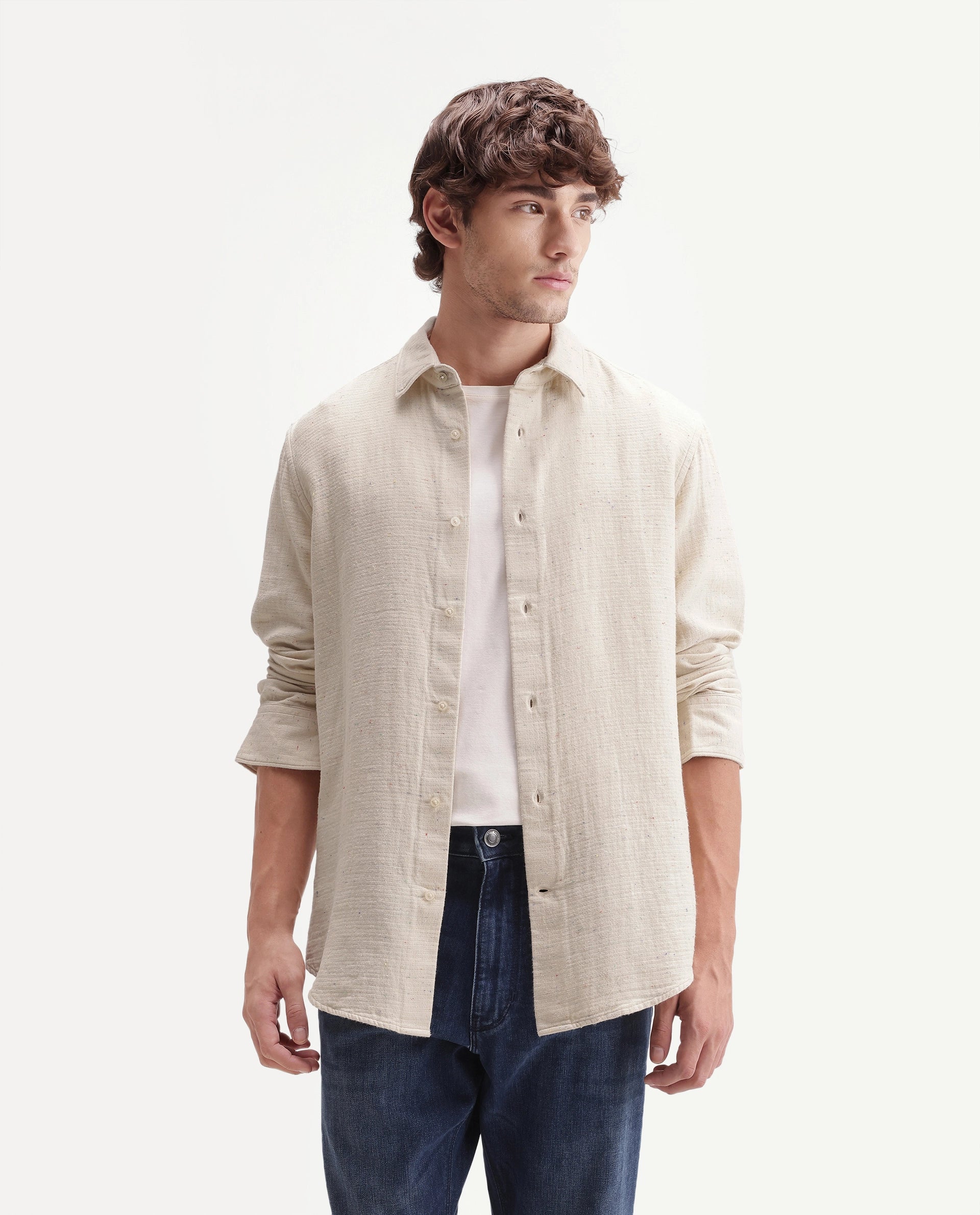 Rare Rabbit Men's Cira Primary Beige Cotton Blend Spread Collar Regular Plain Shirt