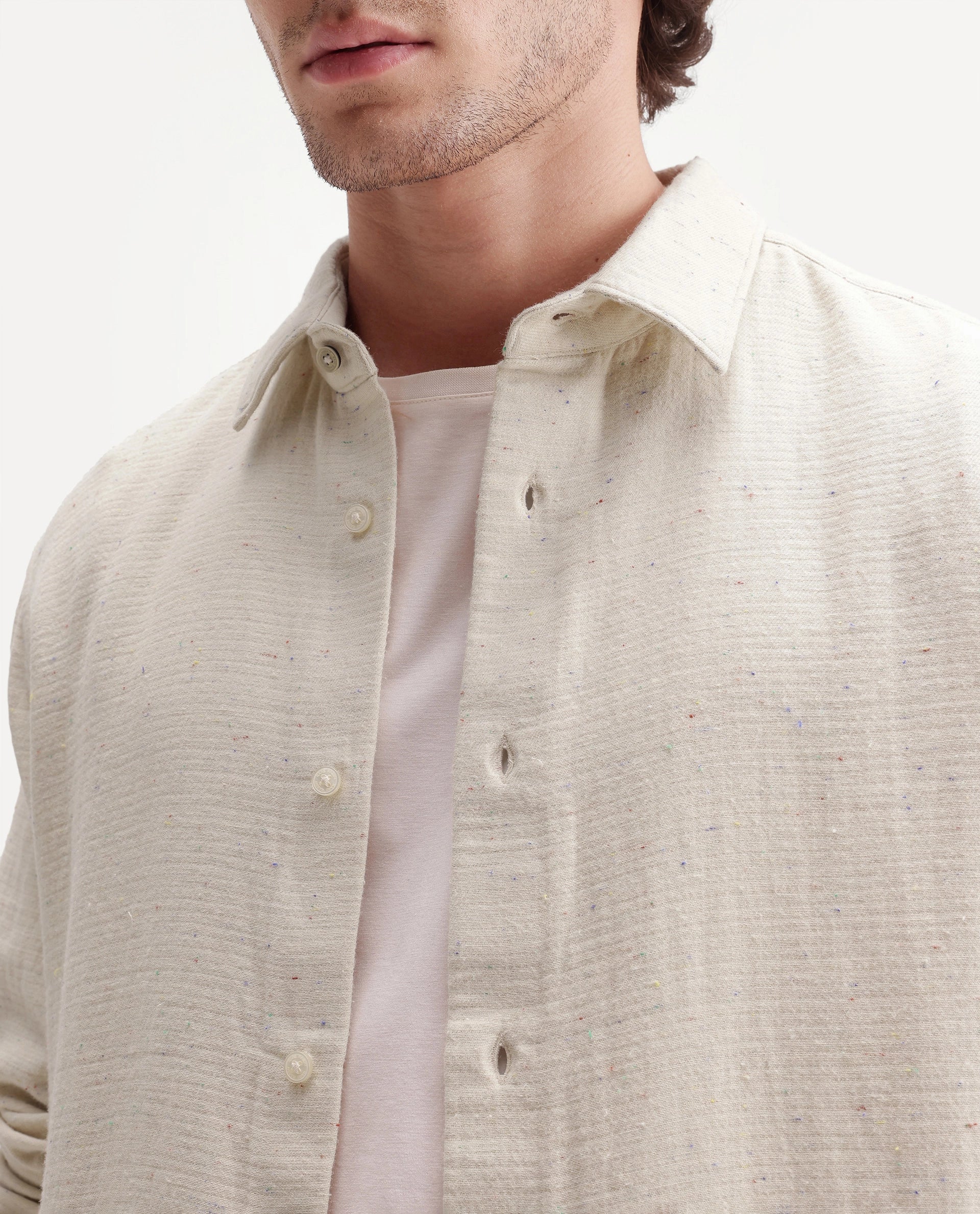 Rare Rabbit Men's Cira Primary Beige Cotton Blend Spread Collar Regular Plain Shirt