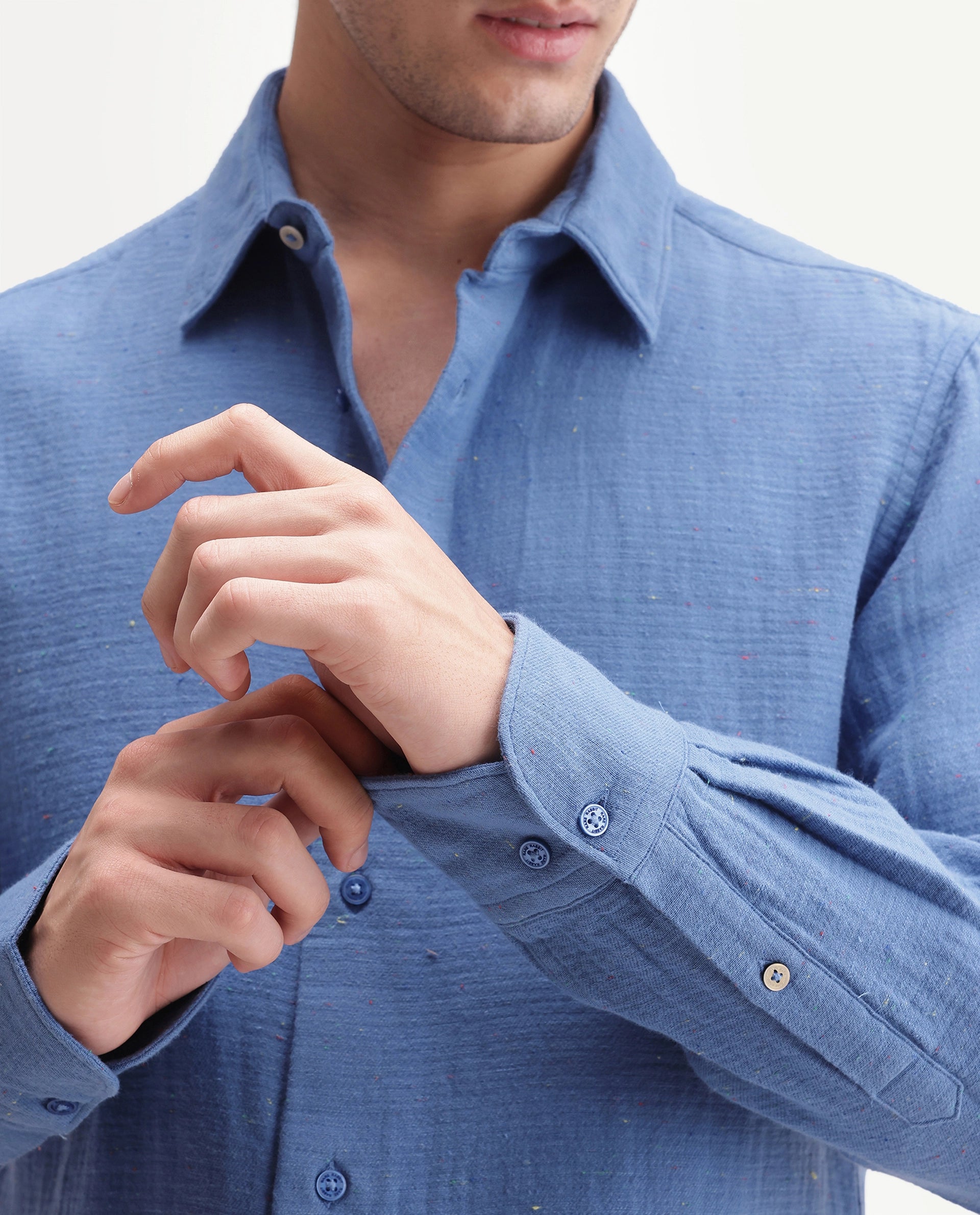 Rare Rabbit Men's Cira Primary Blue Cotton Blend Spread Collar Regular Plain Shirt