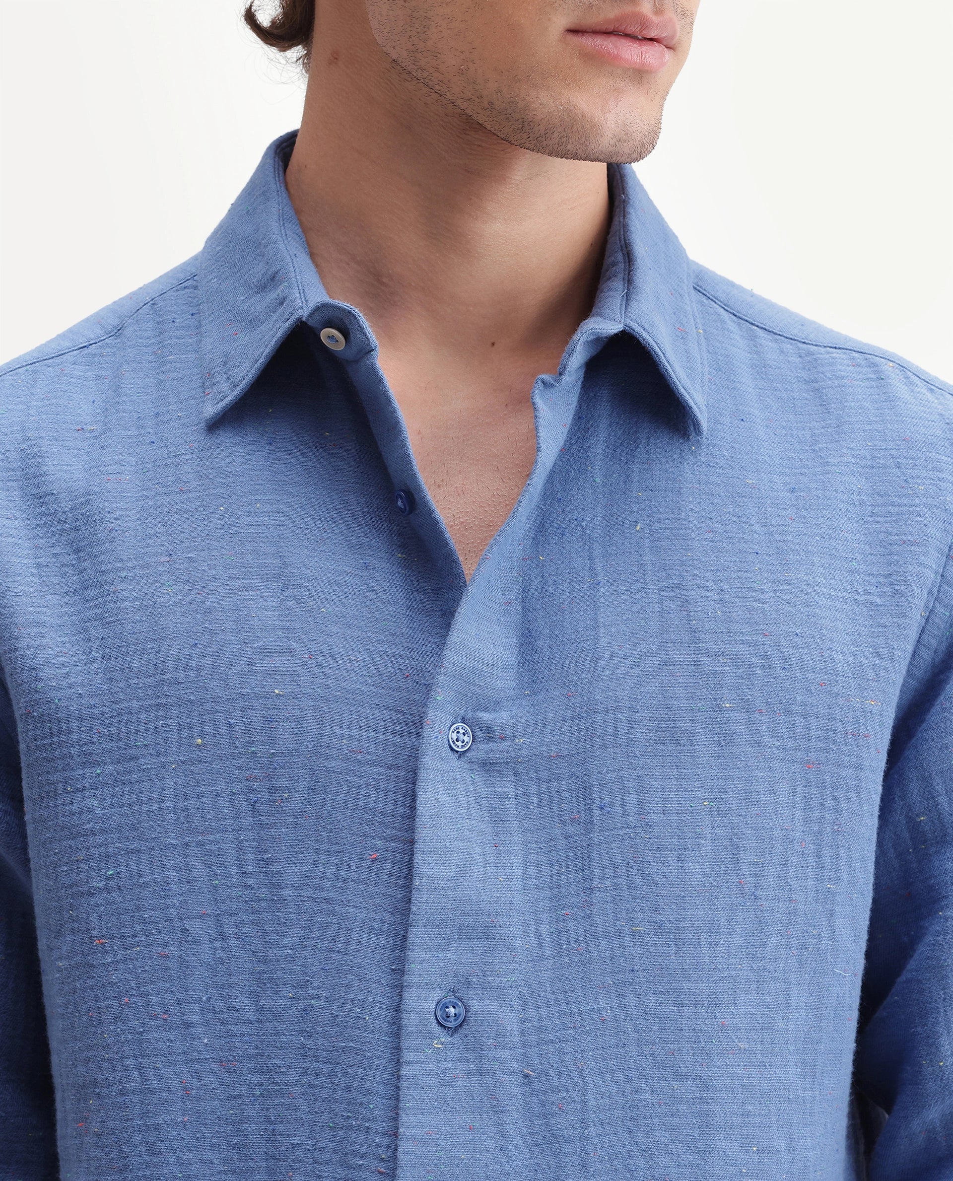 Rare Rabbit Men's Cira Primary Blue Cotton Blend Spread Collar Regular Plain Shirt
