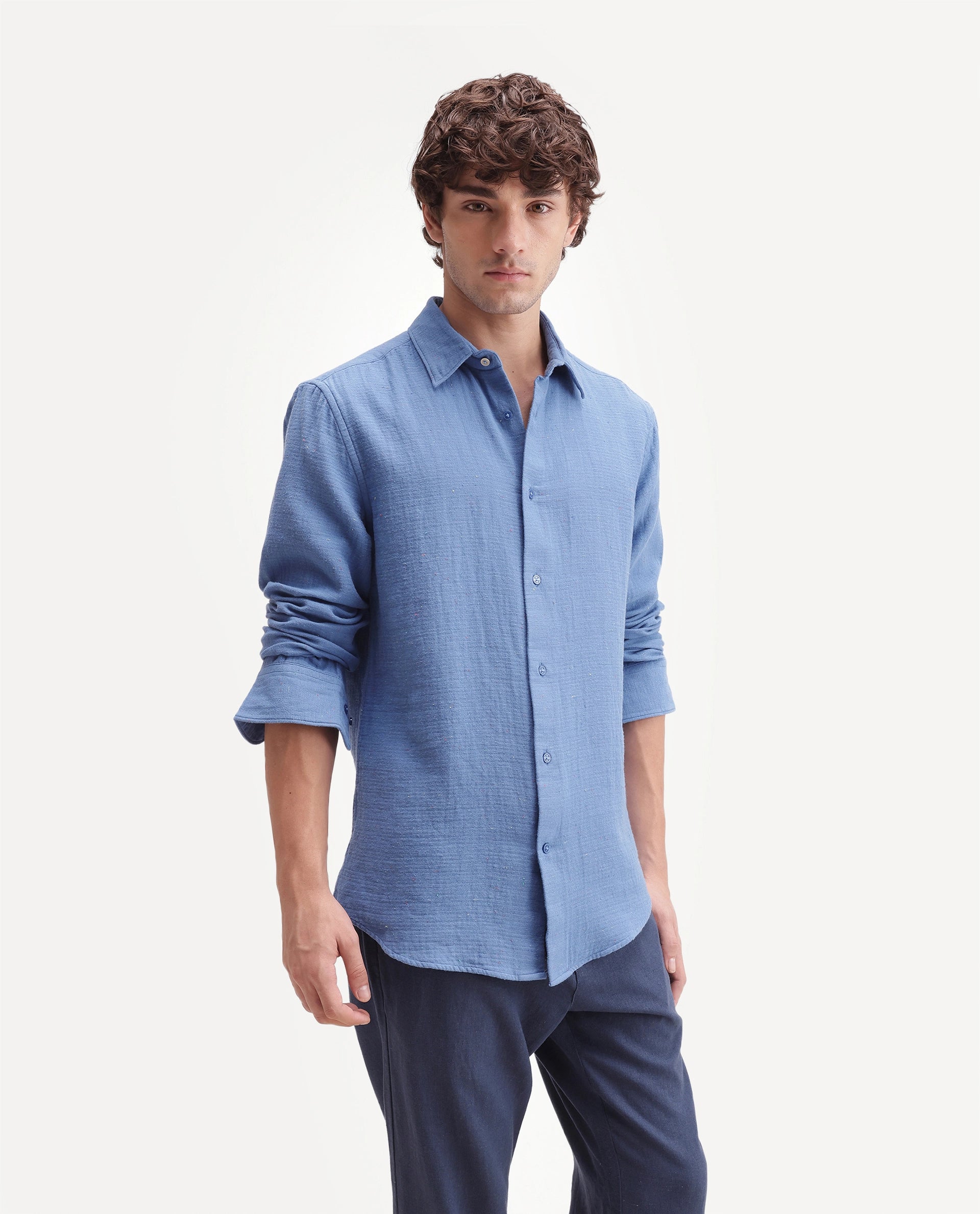 Rare Rabbit Men's Cira Primary Blue Cotton Blend Spread Collar Regular Plain Shirt