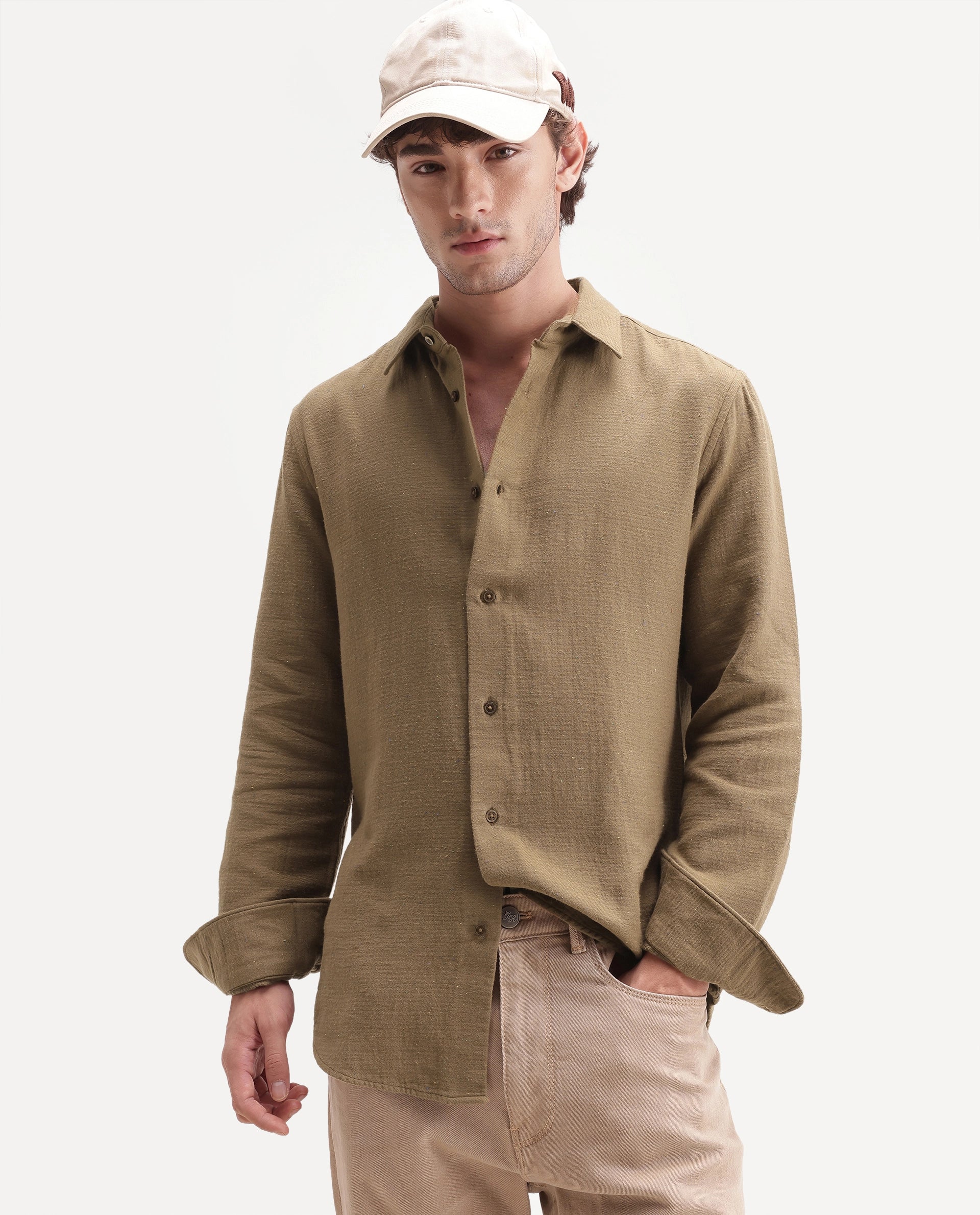 Rare Rabbit Men's Cira Primary Brown Cotton Blend Spread Collar Regular Plain Shirt