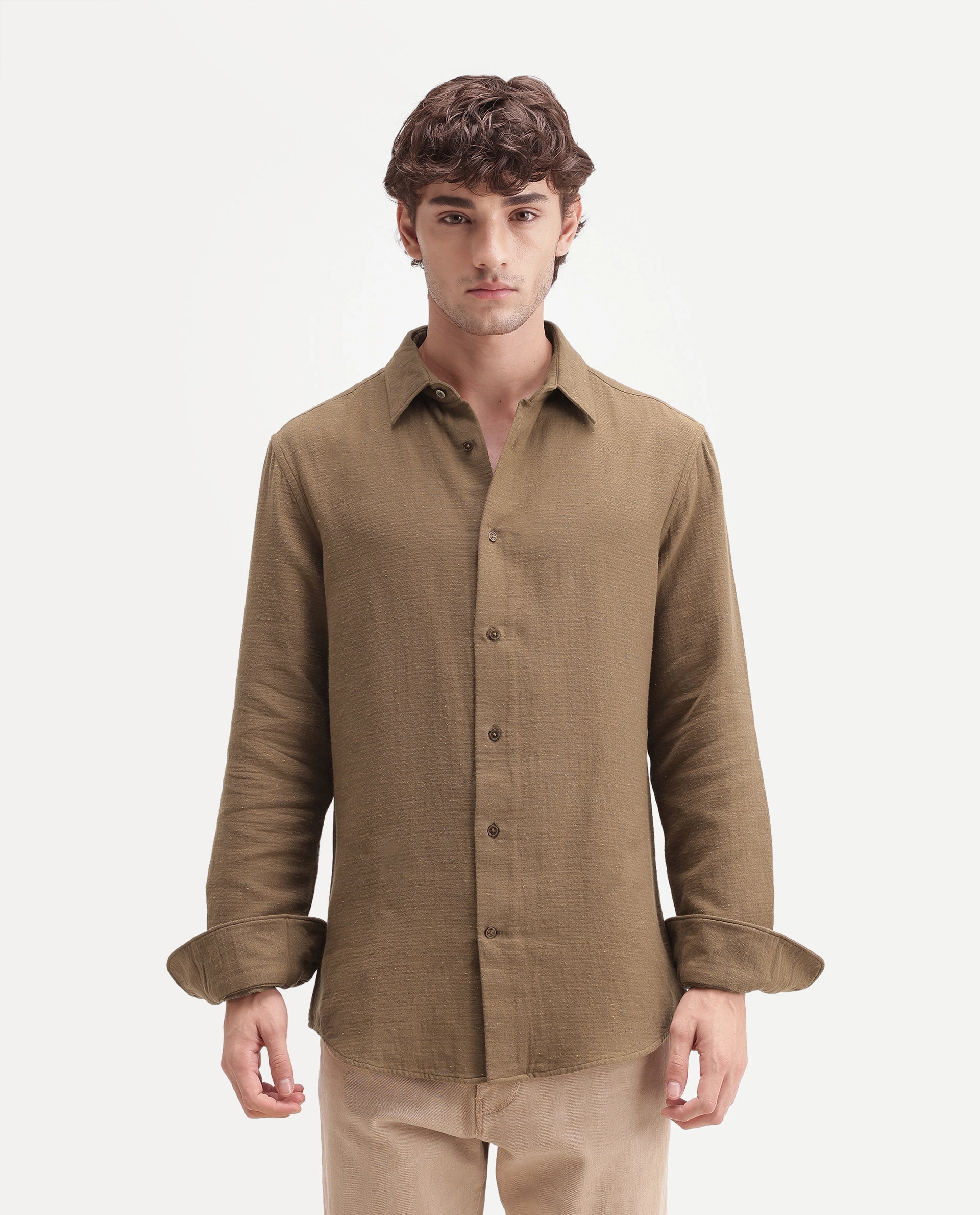 Rare Rabbit Men's Cira Primary Brown Cotton Blend Spread Collar Regular Plain Shirt