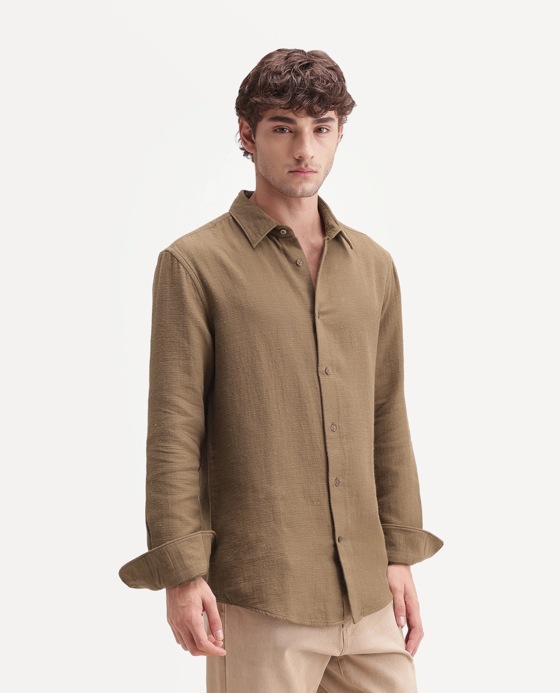 Rare Rabbit Men's Cira Primary Brown Cotton Blend Spread Collar Regular Plain Shirt