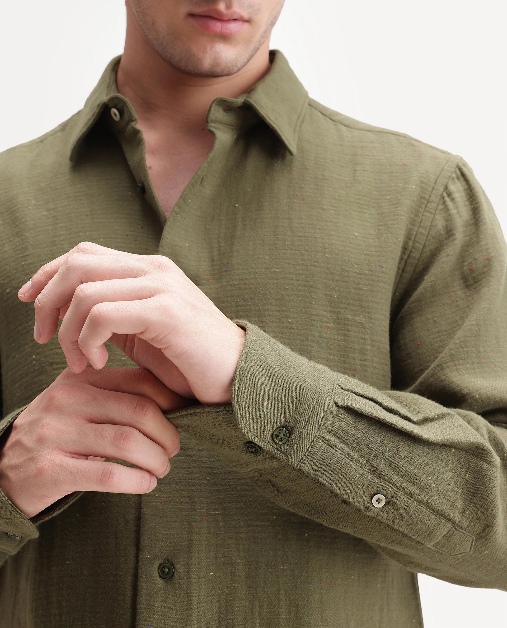 Rare Rabbit Men's Cira Dark Green Cotton Blend Spread Collar Regular Plain Shirt