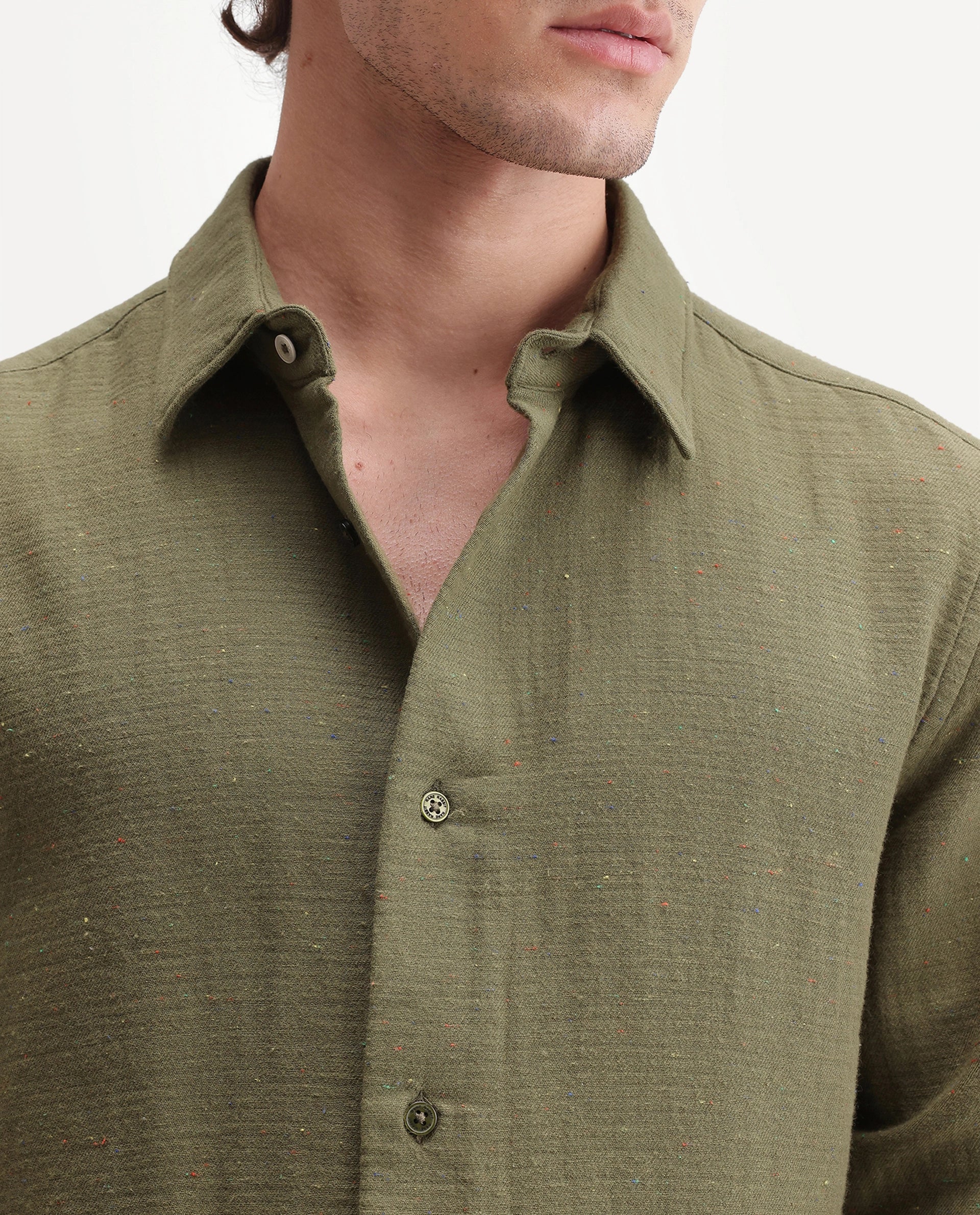 Rare Rabbit Men's Cira Dark Green Cotton Blend Spread Collar Regular Plain Shirt