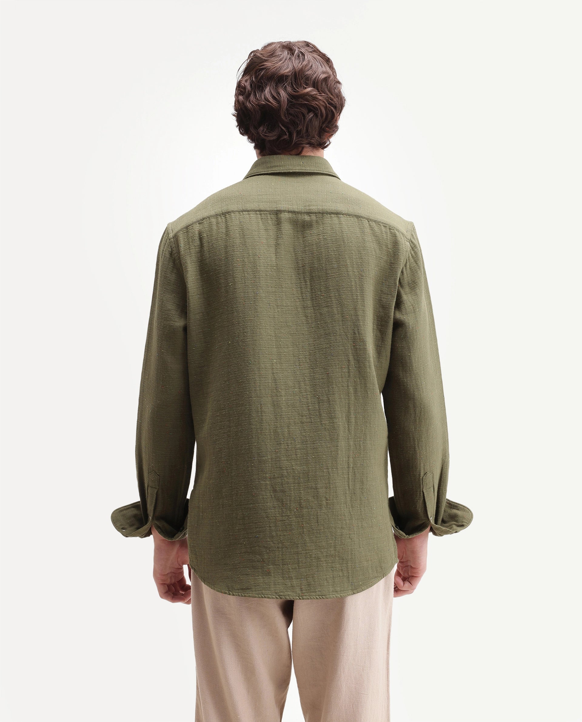 Rare Rabbit Men's Cira Dark Green Cotton Blend Spread Collar Regular Plain Shirt