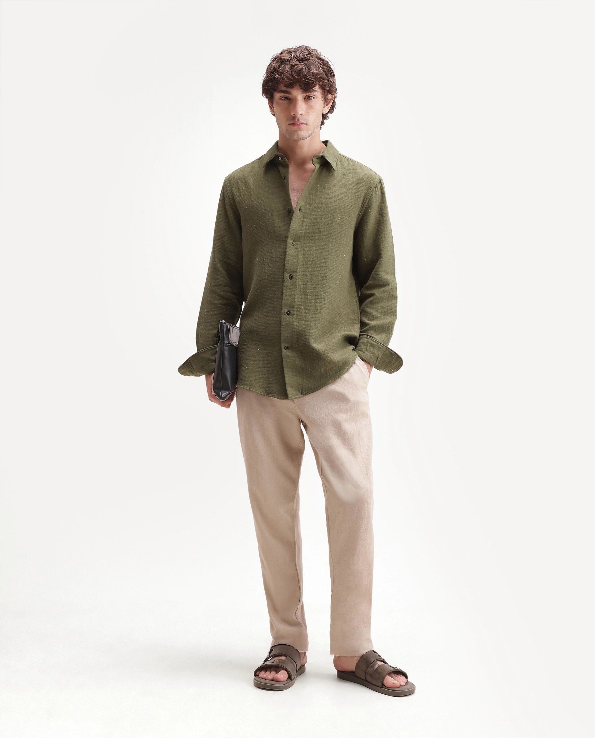 Rare Rabbit Men's Cira Dark Green Cotton Blend Spread Collar Regular Plain Shirt