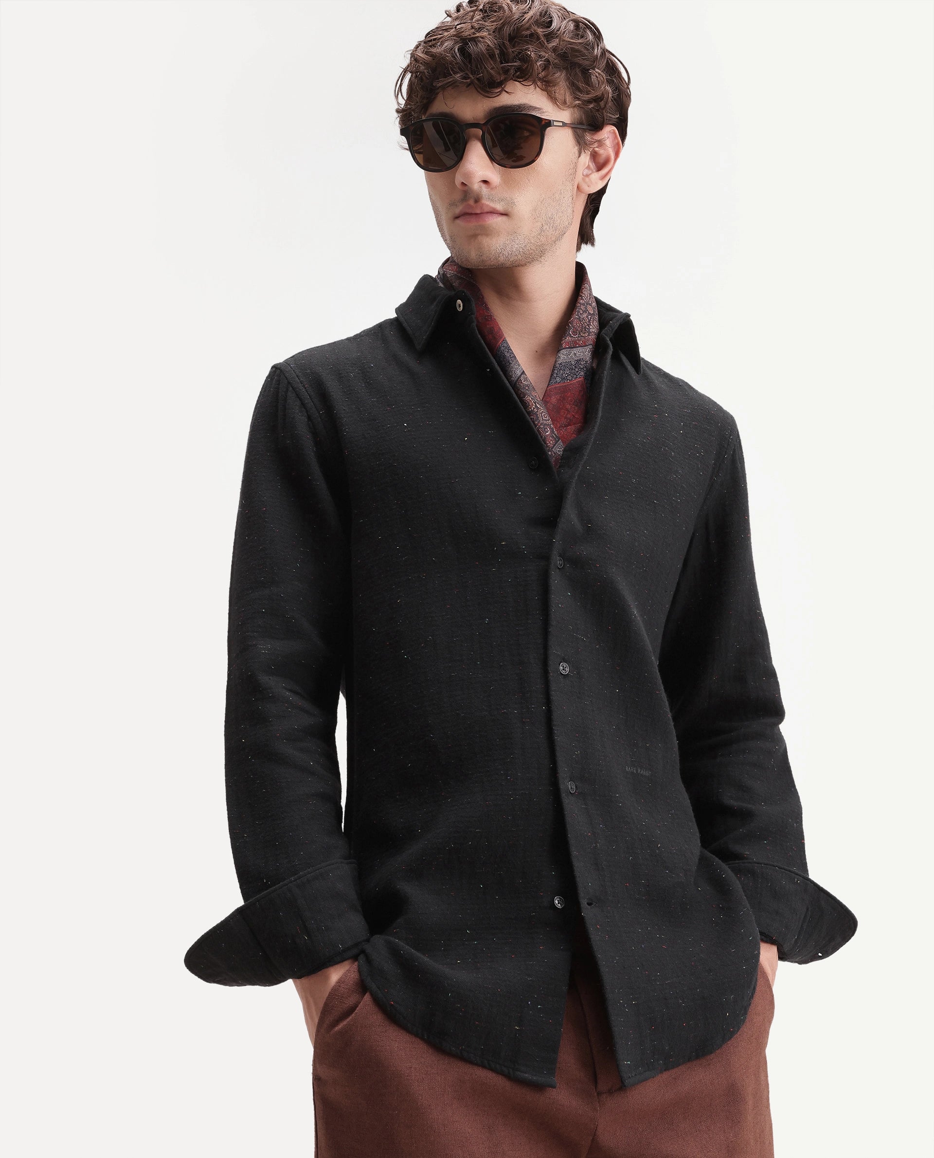 Rare Rabbit Men's Cira Primary Navy Cotton Blend Spread Collar Regular Plain Shirt