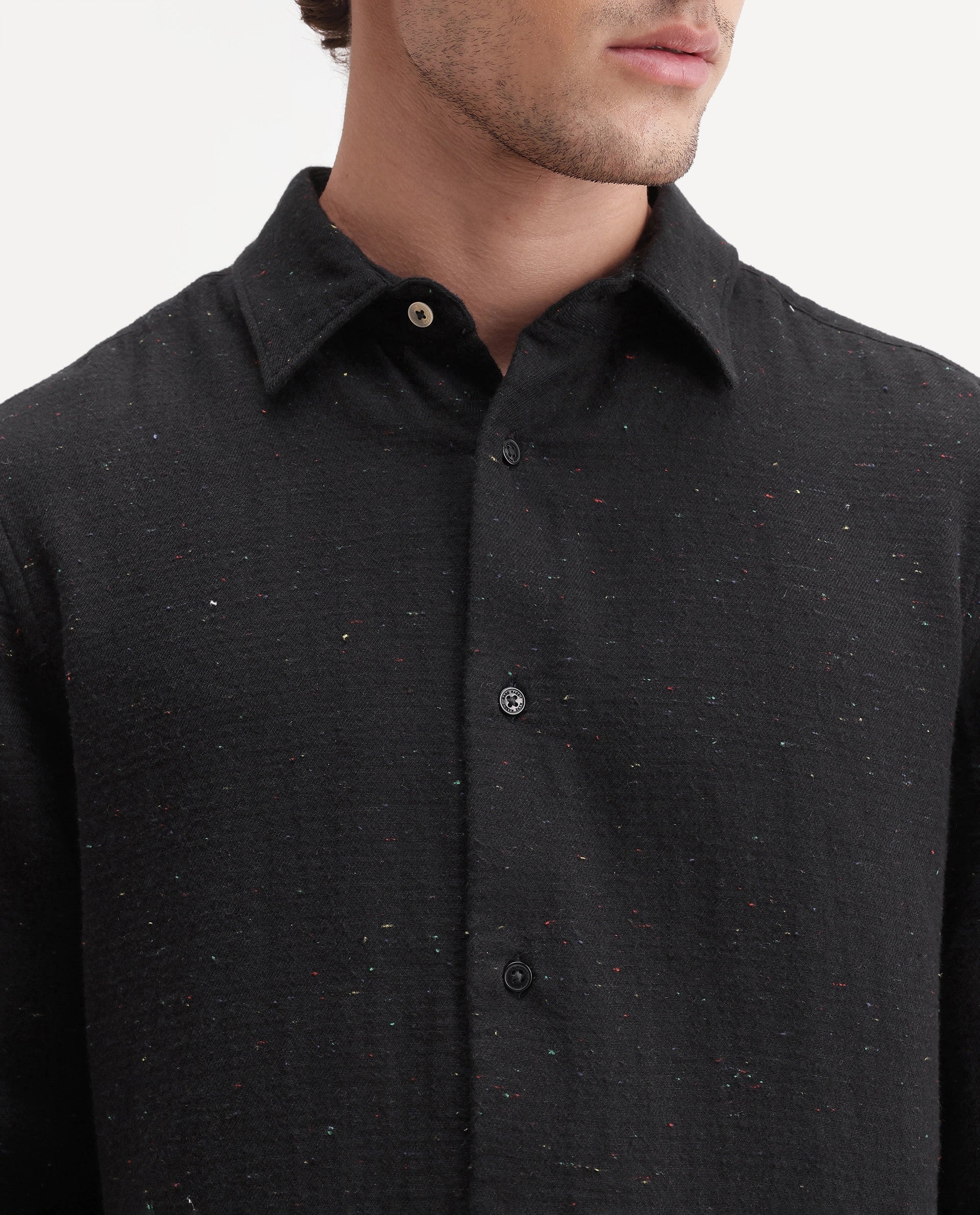 Rare Rabbit Men's Cira Primary Navy Cotton Blend Spread Collar Regular Plain Shirt