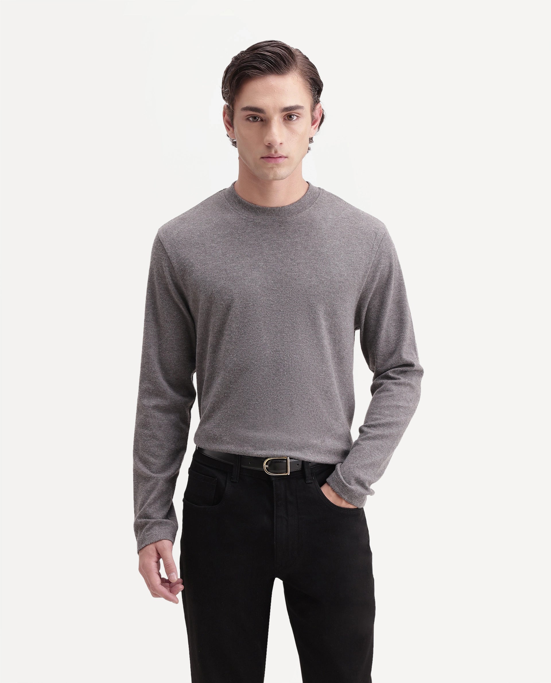 Rare Rabbit Men's Kiki Light Grey Polyester Blend Crew Neck Regular Plain T-Shirt