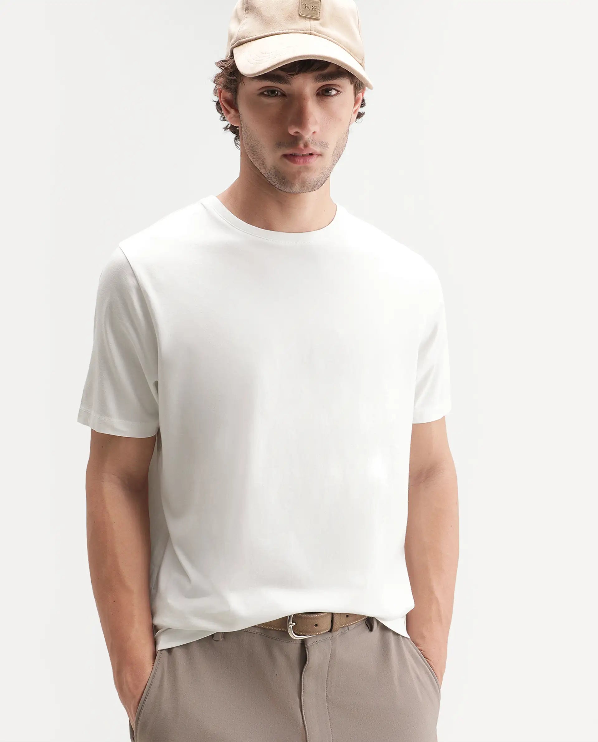 Rare Rabbit Men's Veltra-A26 Primary White Cotton Blend Crew Neck Regular Plain T-Shirt