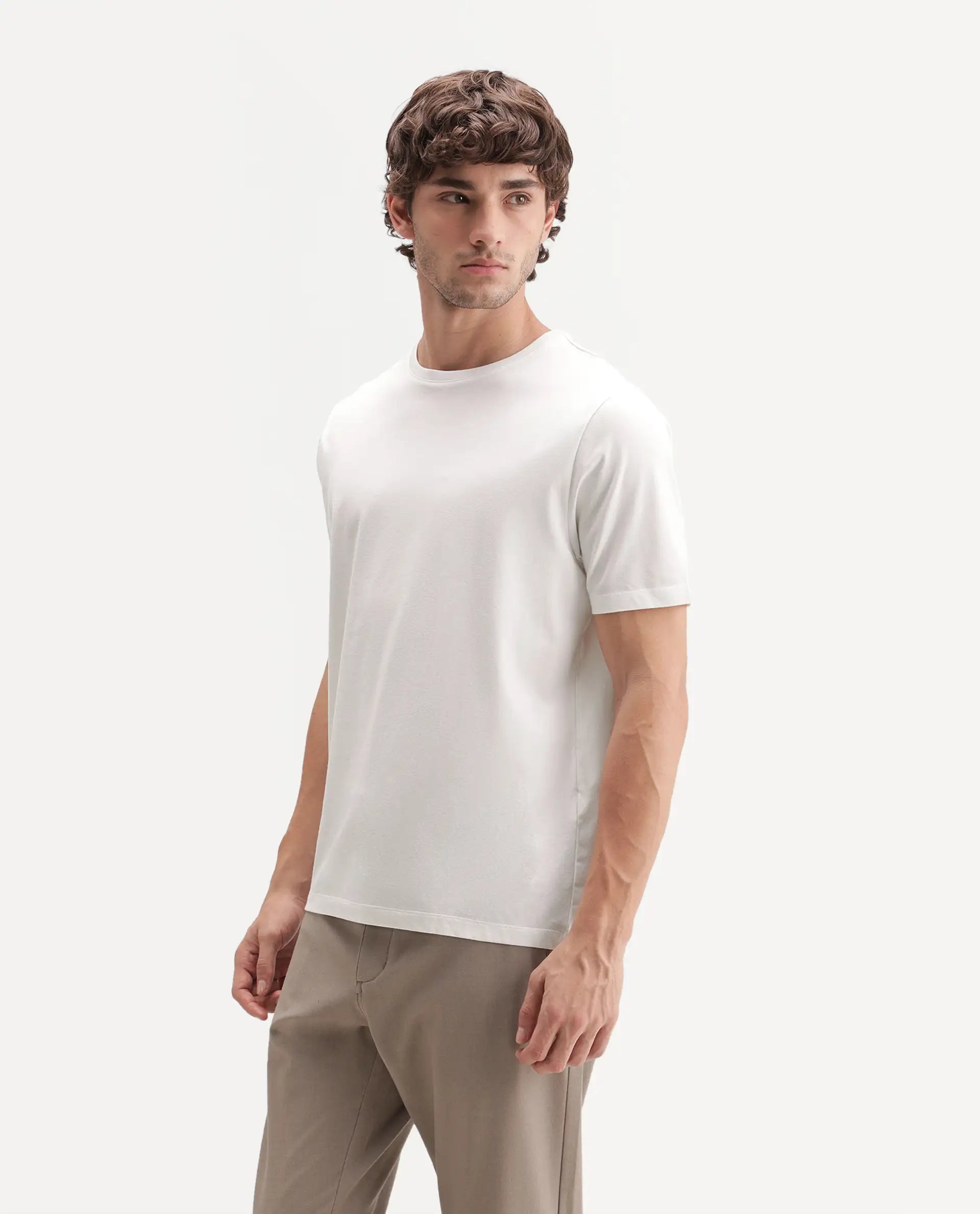 Rare Rabbit Men's Veltra-A26 Primary White Cotton Blend Crew Neck Regular Plain T-Shirt