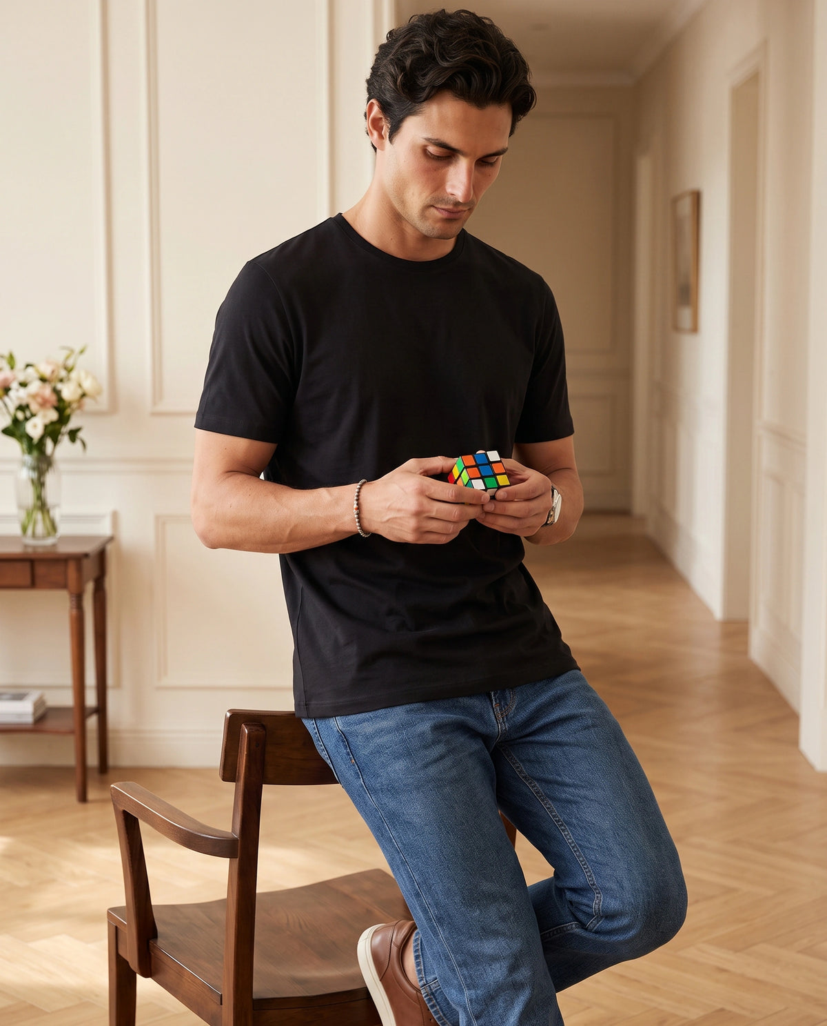 Rare Rabbit Men's Veltra-A26 Primary Black Cotton Blend Crew Neck Regular Plain T-Shirt