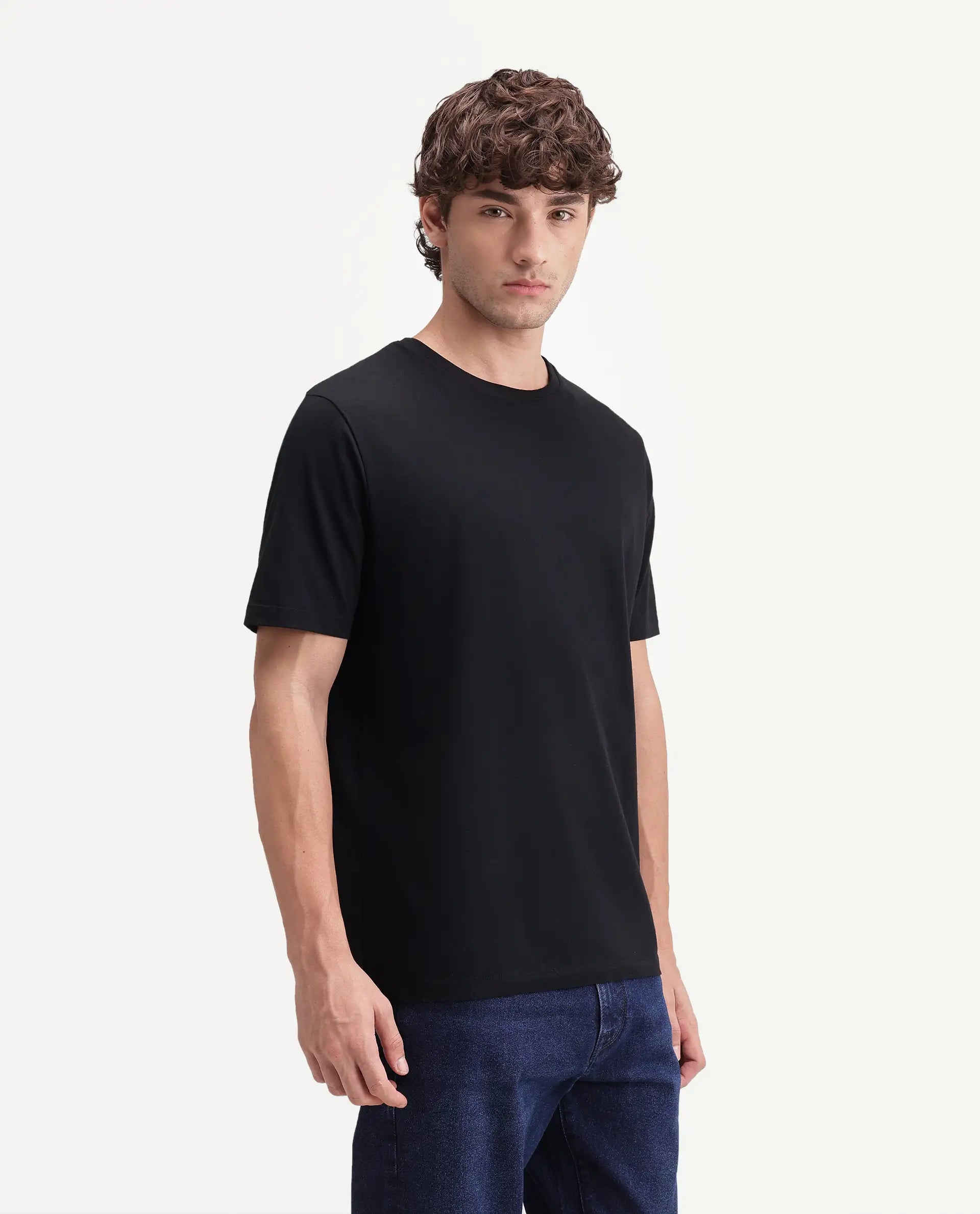 Rare Rabbit Men's Veltra-A26 Primary Black Cotton Blend Crew Neck Regular Plain T-Shirt
