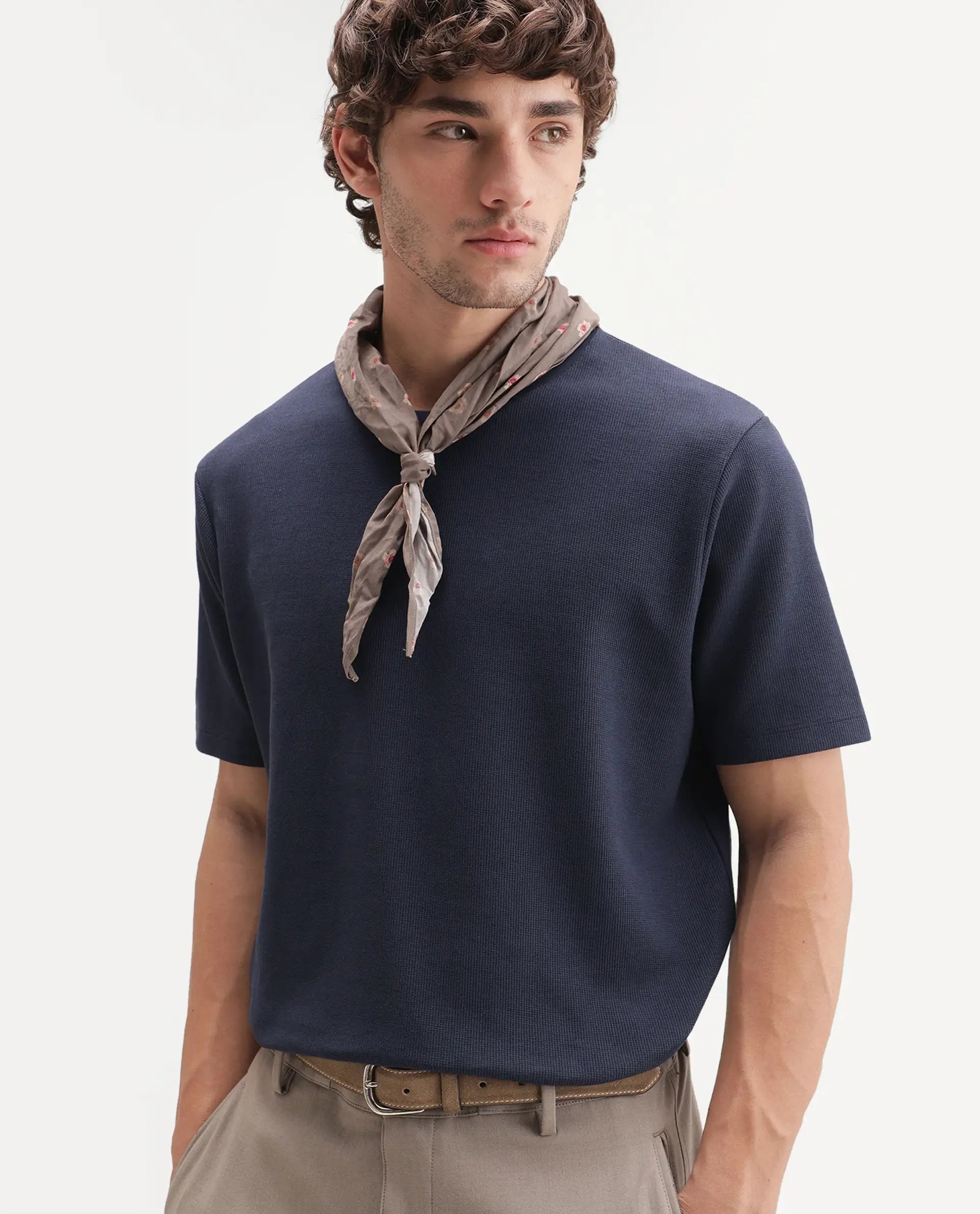 Rare Rabbit Men's Luon Navy Cotton Crew Neck Regular Plain T-Shirt
