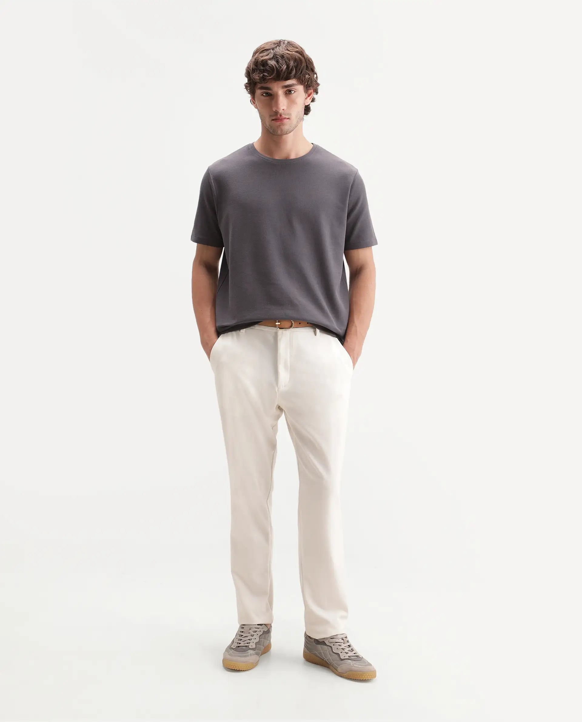 Rare Rabbit Men's Luon Dusky Brown Cotton Crew Neck Regular Plain T-Shirt