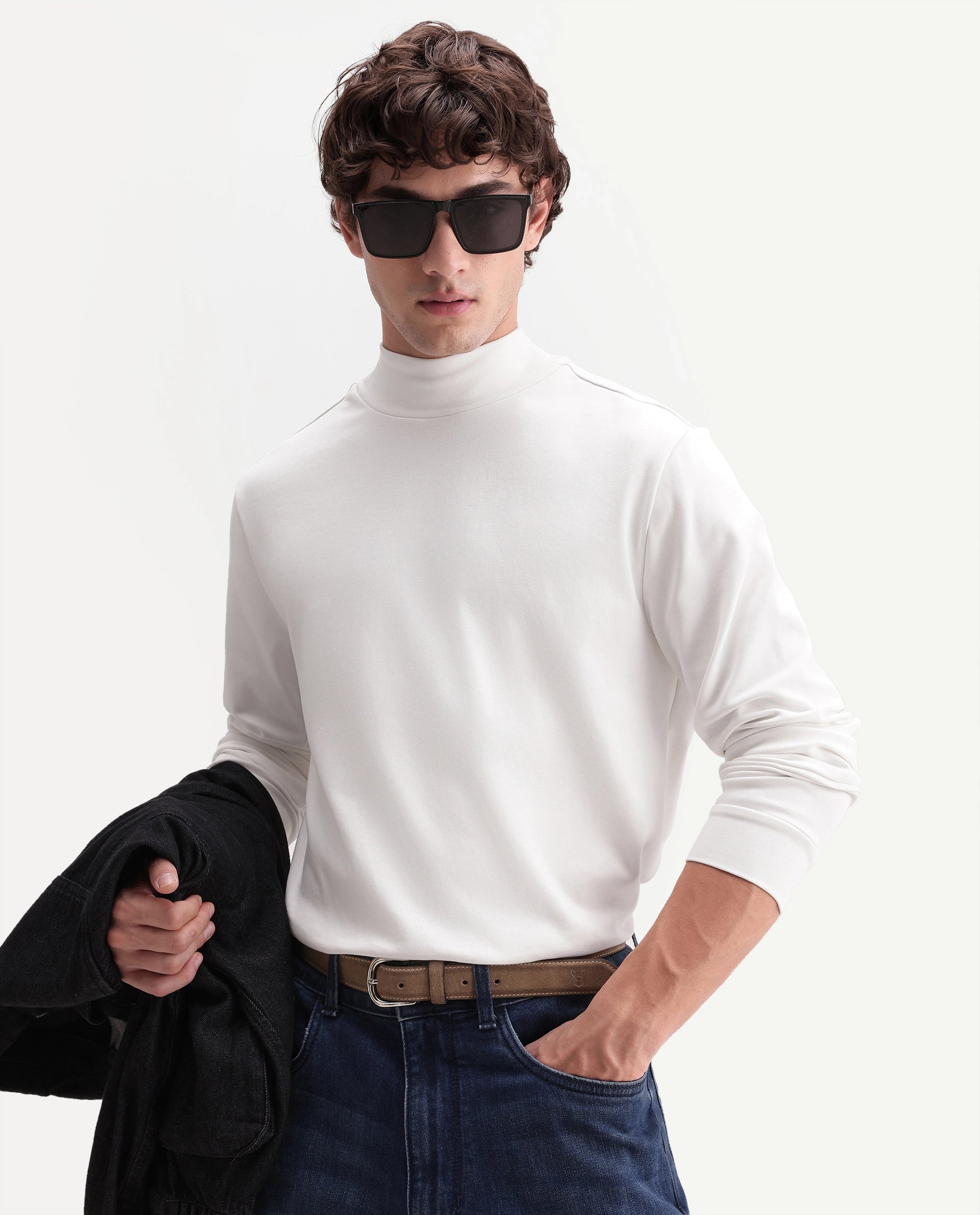 Rare Rabbit Men's Mick-A26 Off White Cotton Blend High Neck Regular Plain T-Shirt