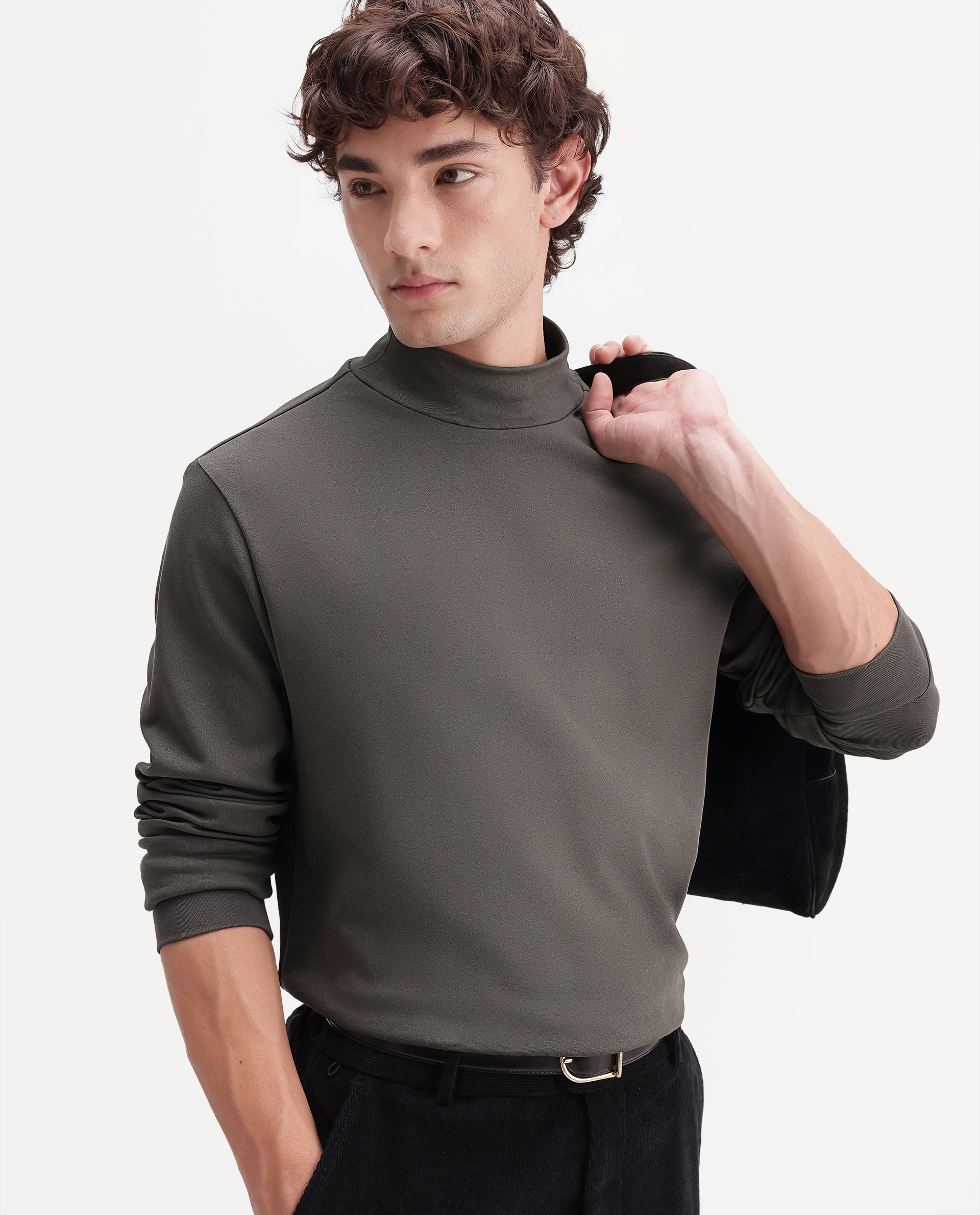 Rare Rabbit Men's Mick-A26 Dark Olive Cotton Blend High Neck Regular Plain T-Shirt