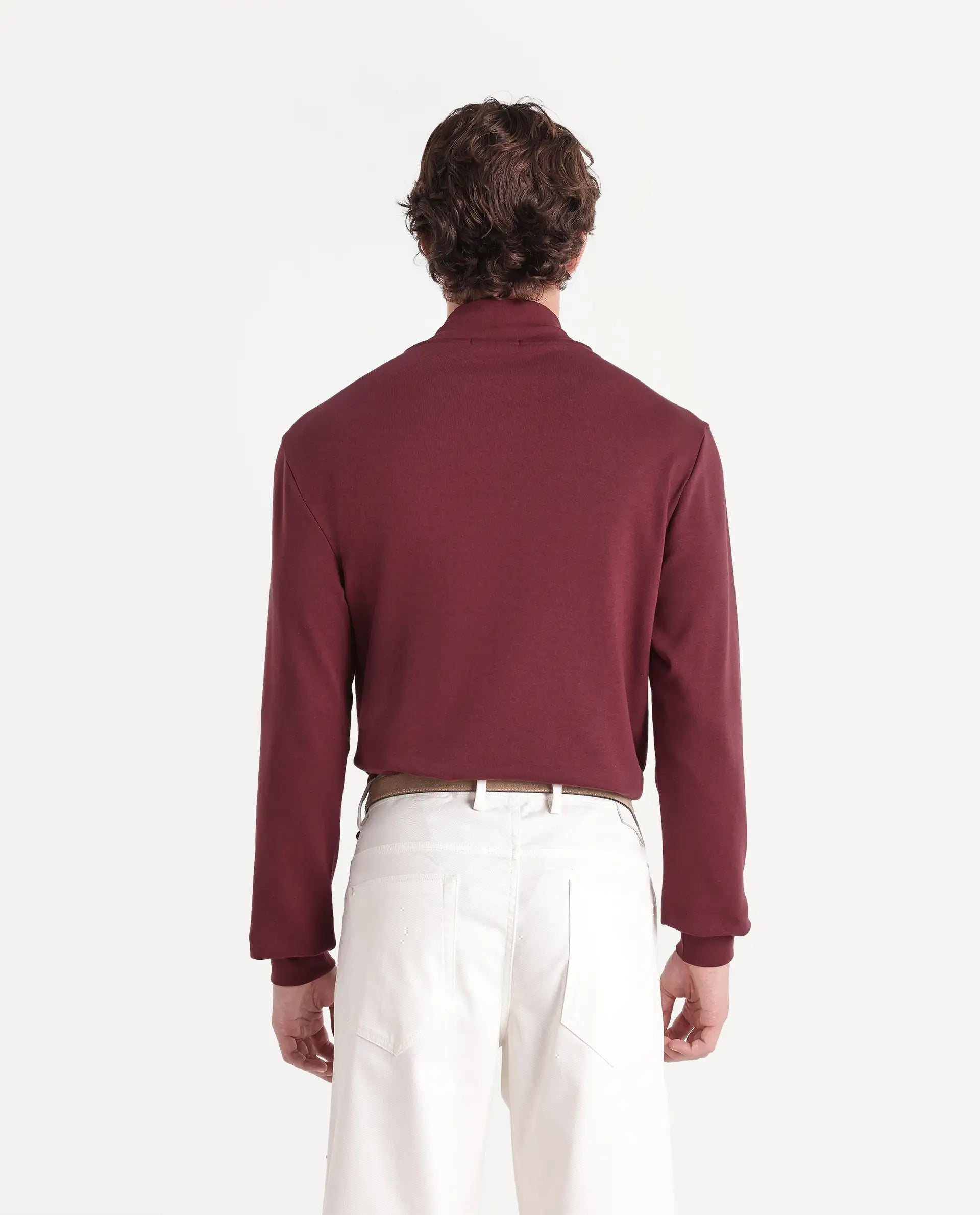 Rare Rabbit Men's Mick-A26 Dark Maroon Cotton Blend High Neck Regular Plain T-Shirt