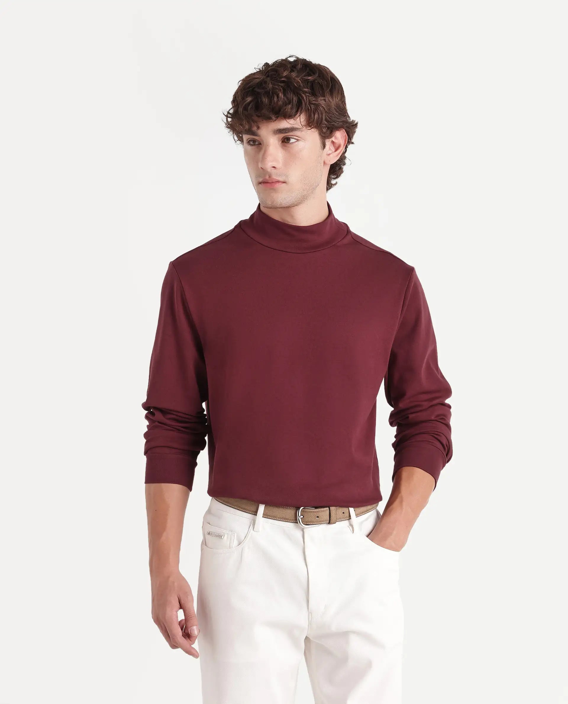 Rare Rabbit Men's Mick-A26 Dark Maroon Cotton Blend High Neck Regular Plain T-Shirt