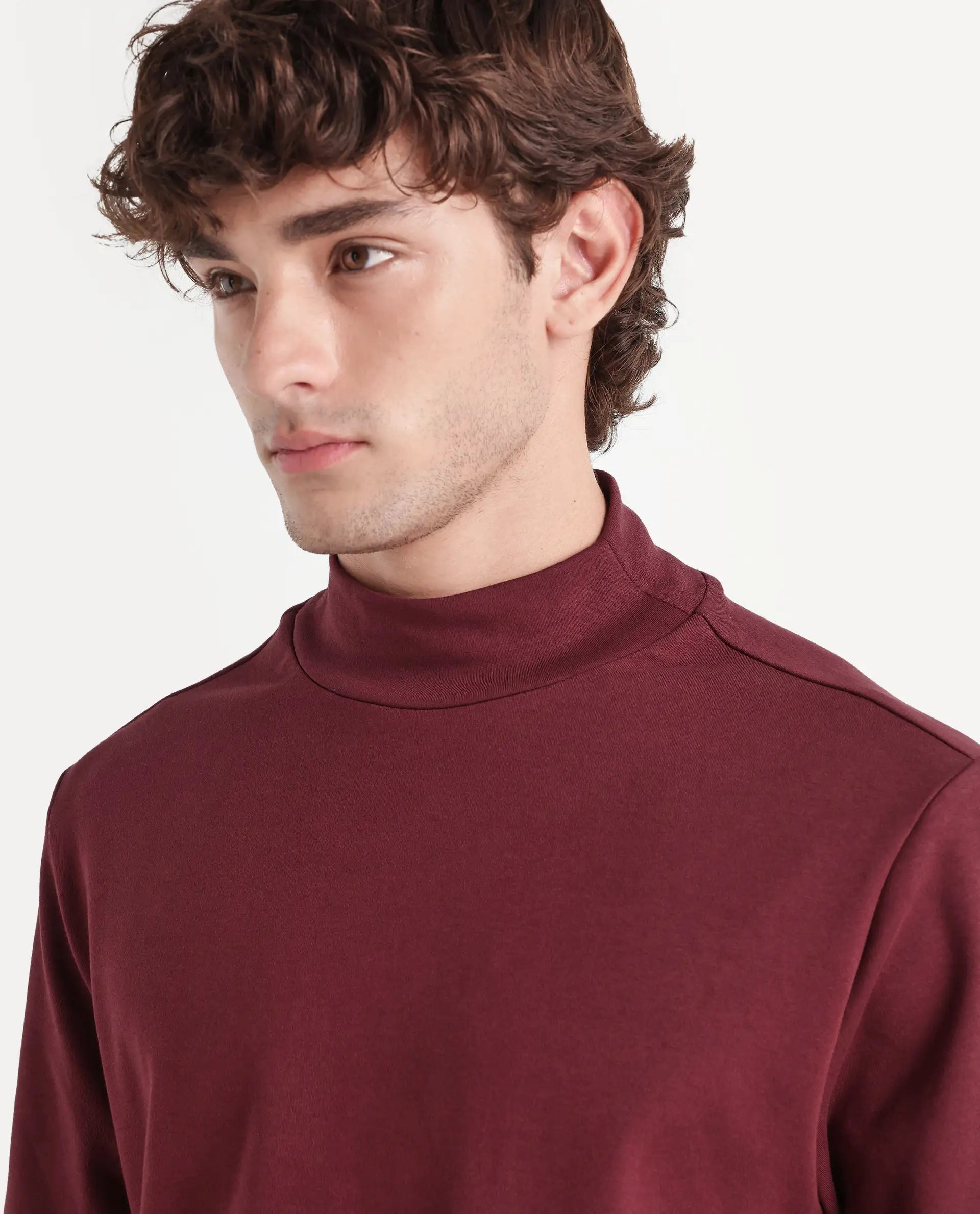 Rare Rabbit Men's Mick-A26 Dark Maroon Cotton Blend High Neck Regular Plain T-Shirt