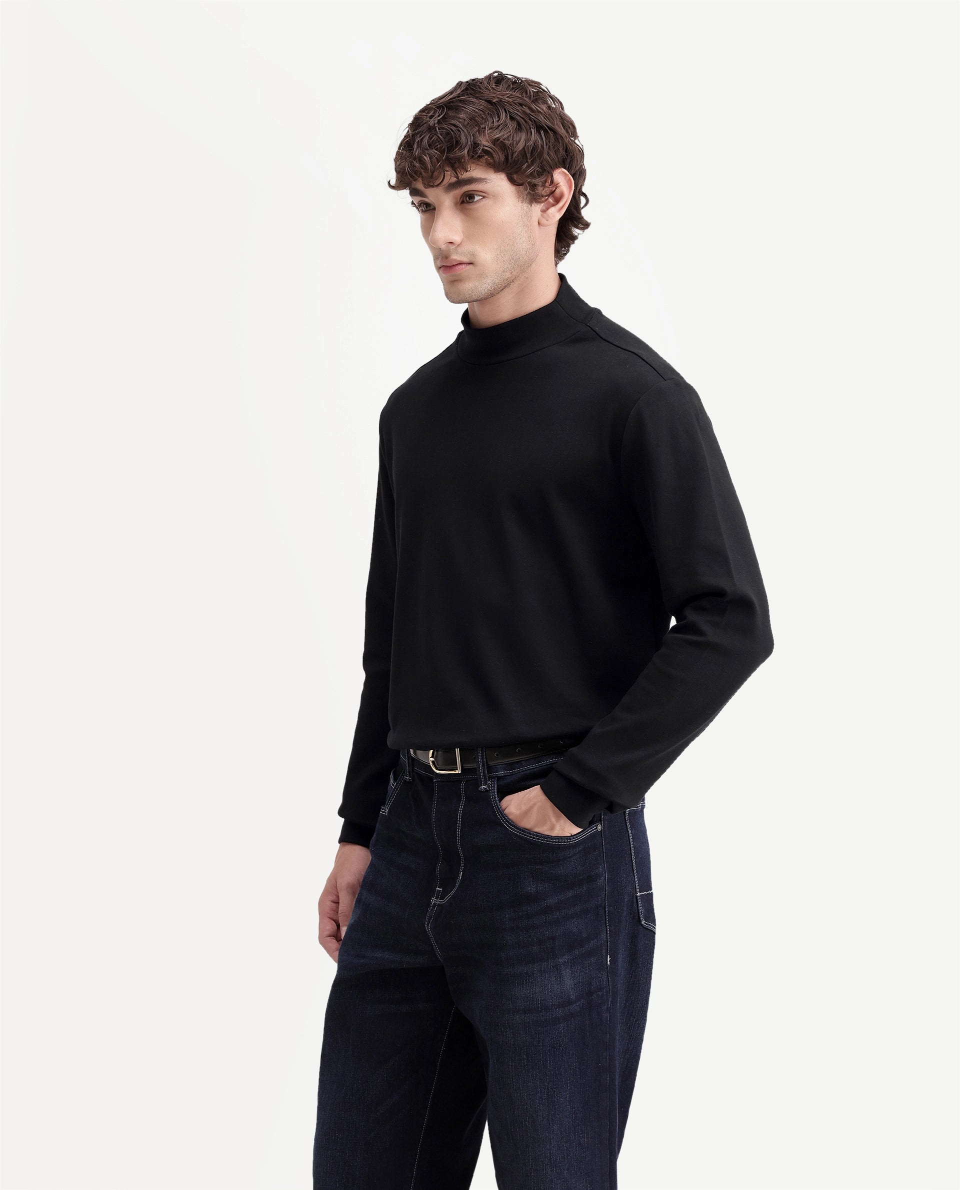 Rare Rabbit Men's Mick-A26 Black Cotton Blend High Neck Regular Plain T-Shirt