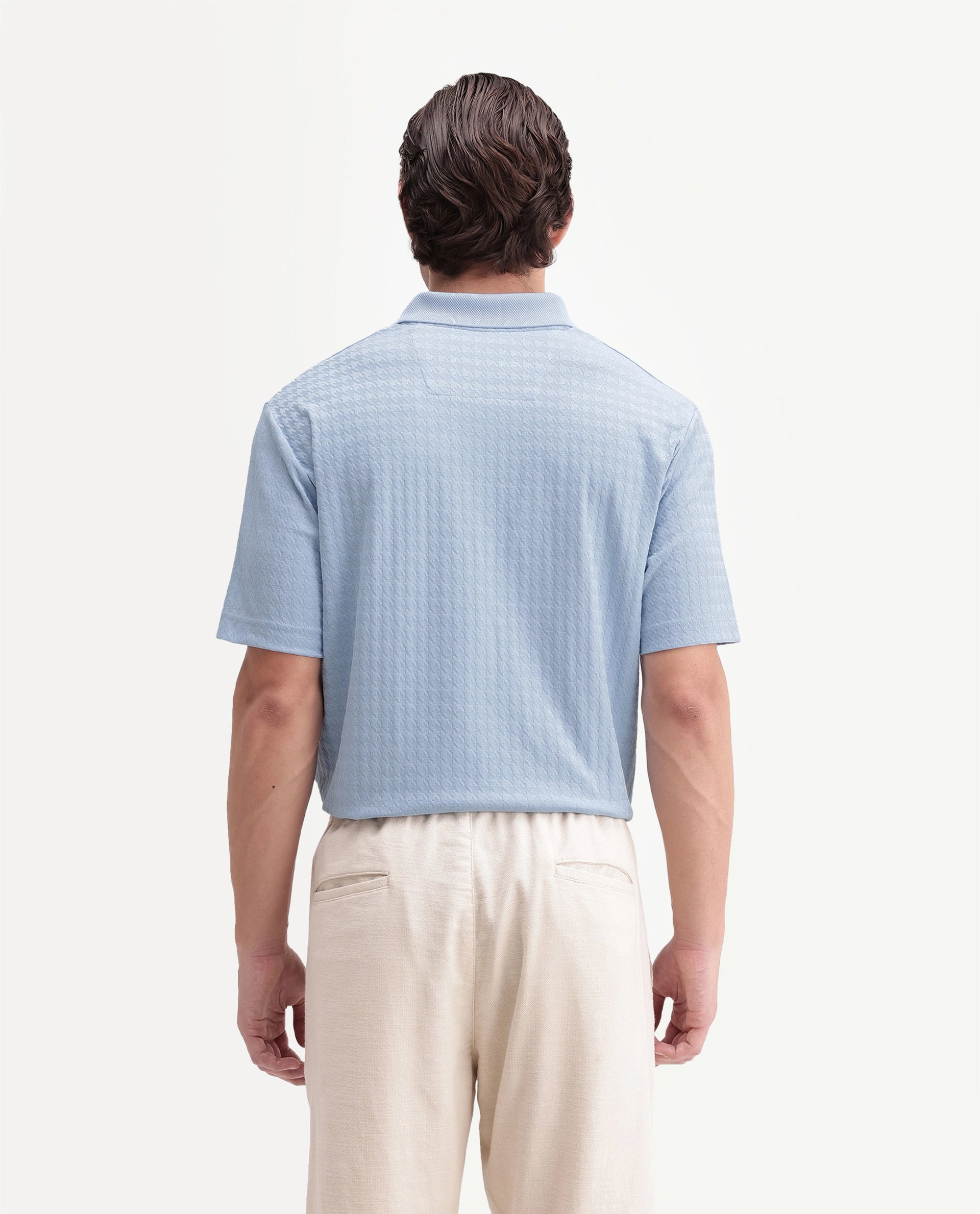 Rare Rabbit Men's Hrid Light Blue Cotton Blend Spread Collar Regular Jacquard Polo