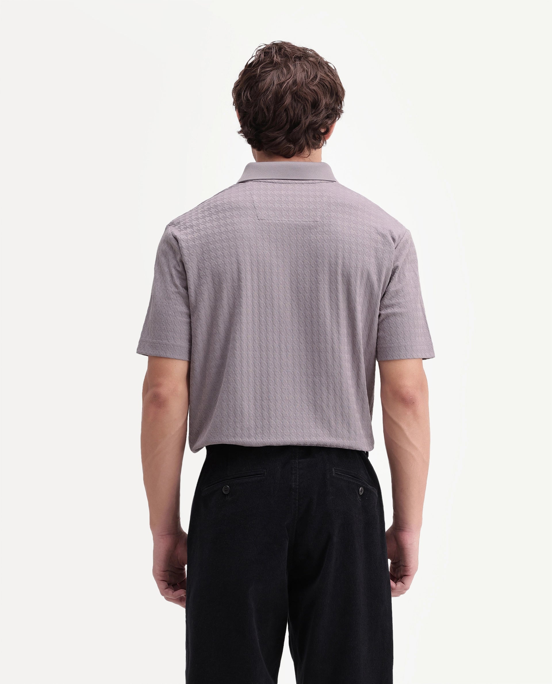 Rare Rabbit Men's Hrid Dusky Purple Cotton Blend Spread Collar Regular Jacquard Polo