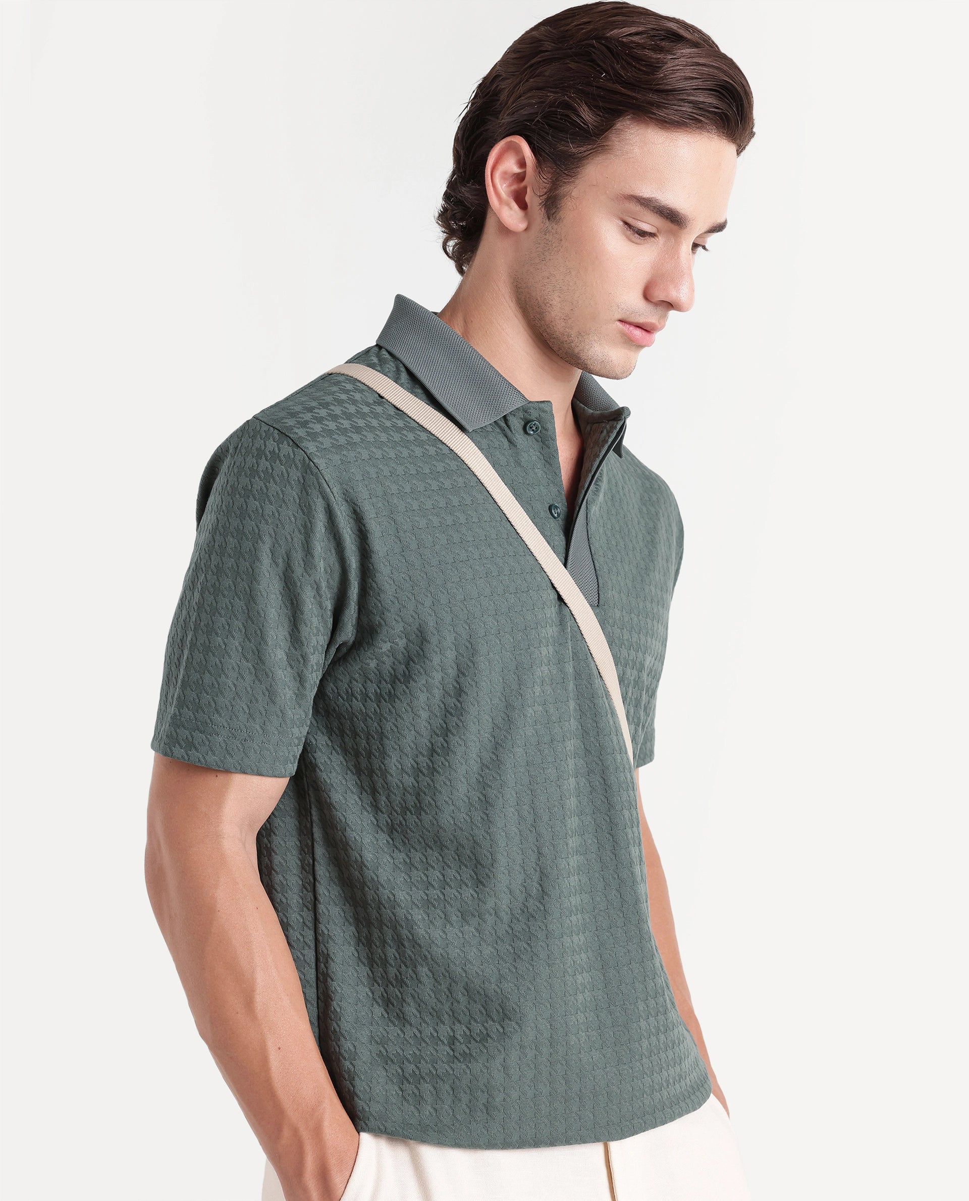 Rare Rabbit Men's Hrid Dusky Green Cotton Blend Spread Collar Regular Jacquard Polo